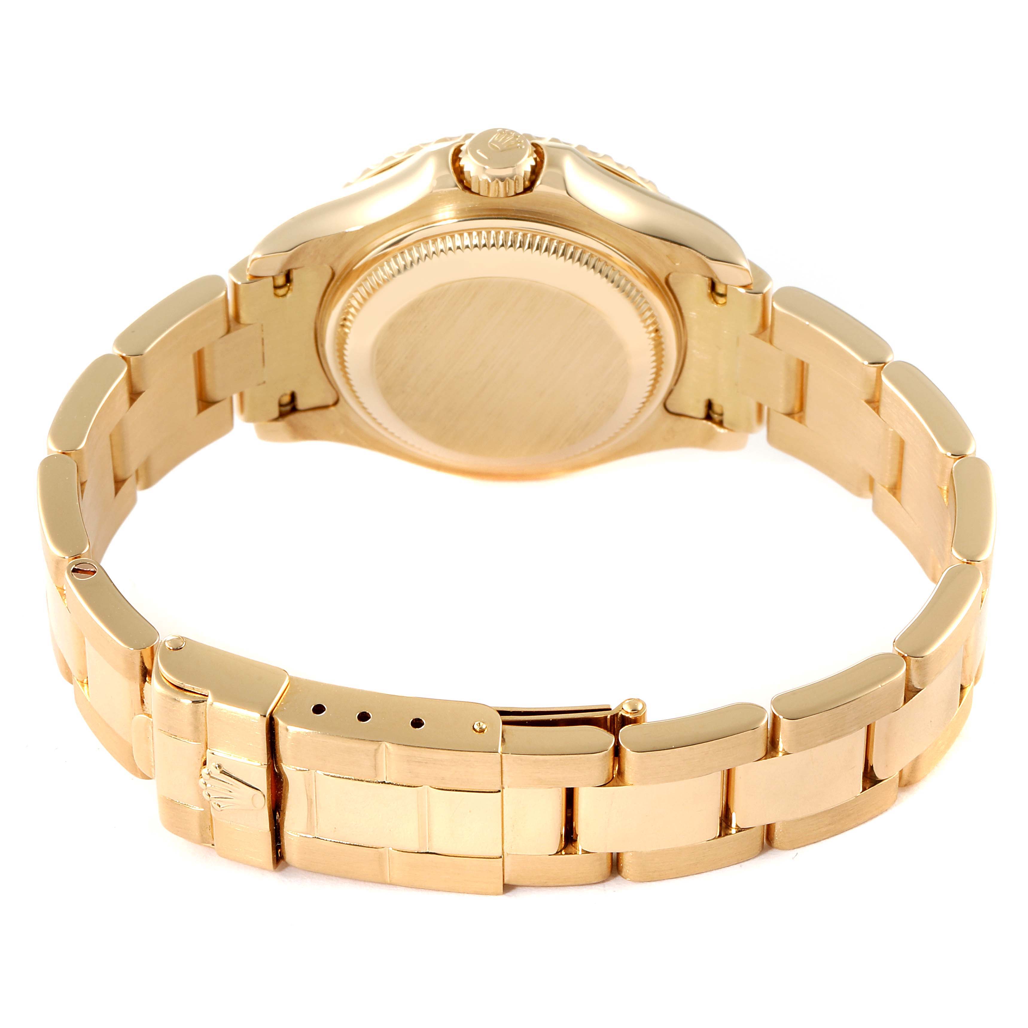 The image shows the back and bracelet of a Rolex Yacht-Master 69628 Women's Yellow Gold White Dial 69628 Women's Yellow Gold White Dial watch in a gold finish.