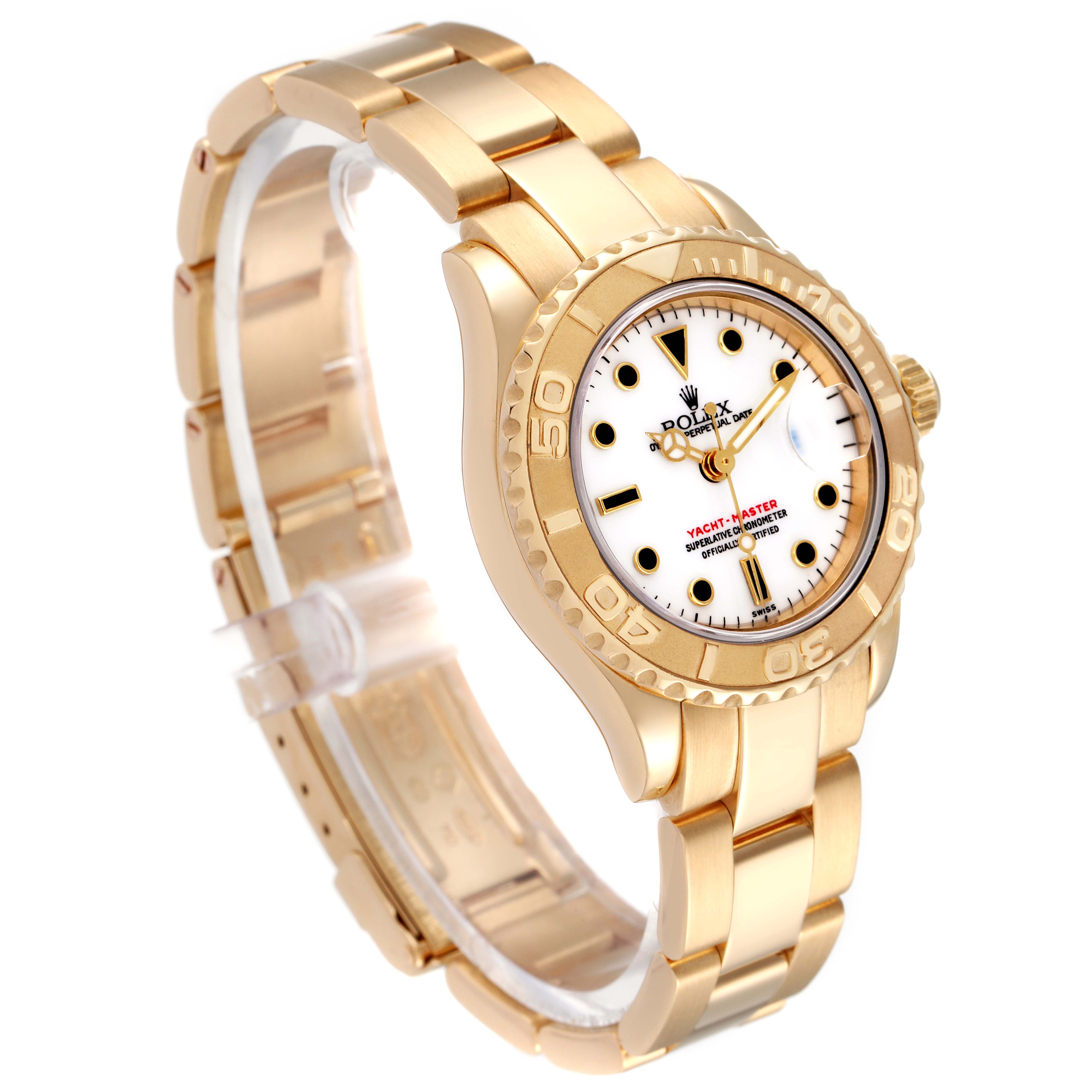 The Rolex Yacht-Master 69628 Women's Yellow Gold White Dial 69628 Women's Yellow Gold White Dial watch is shown at a slight angle, highlighting the gold band, bezel, and white dial.