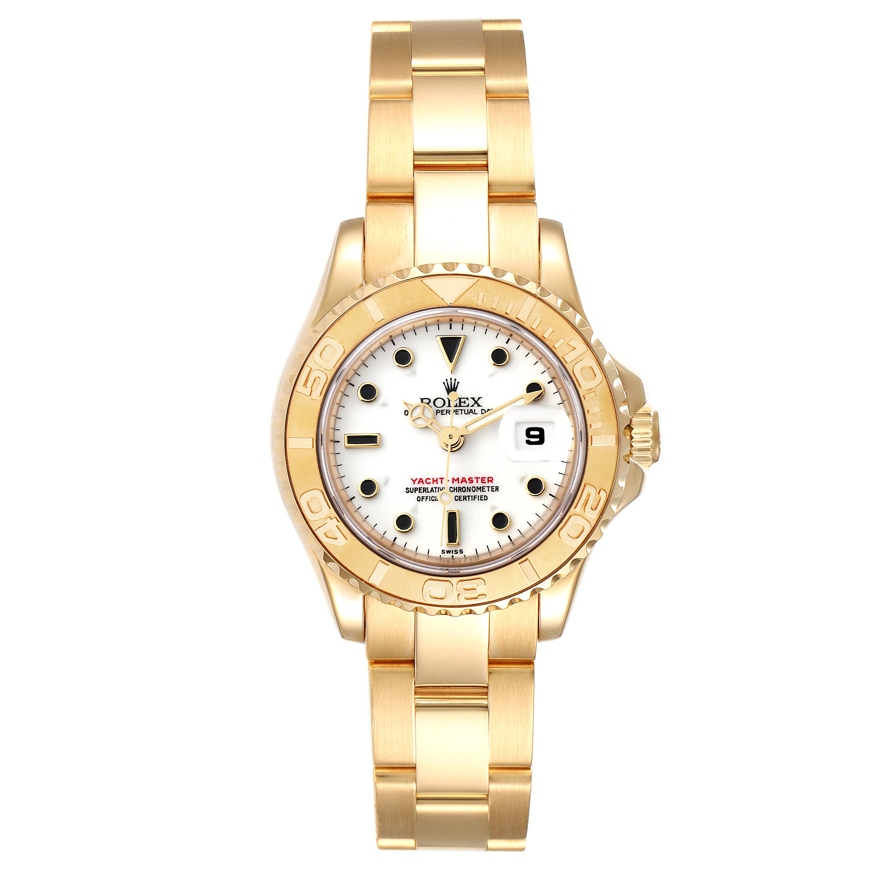 The image shows a frontal view of a Rolex Yacht-Master 69628 Women's Yellow Gold White Dial 69628 Women's Yellow Gold White Dial watch, displaying its face, bezel, and bracelet.