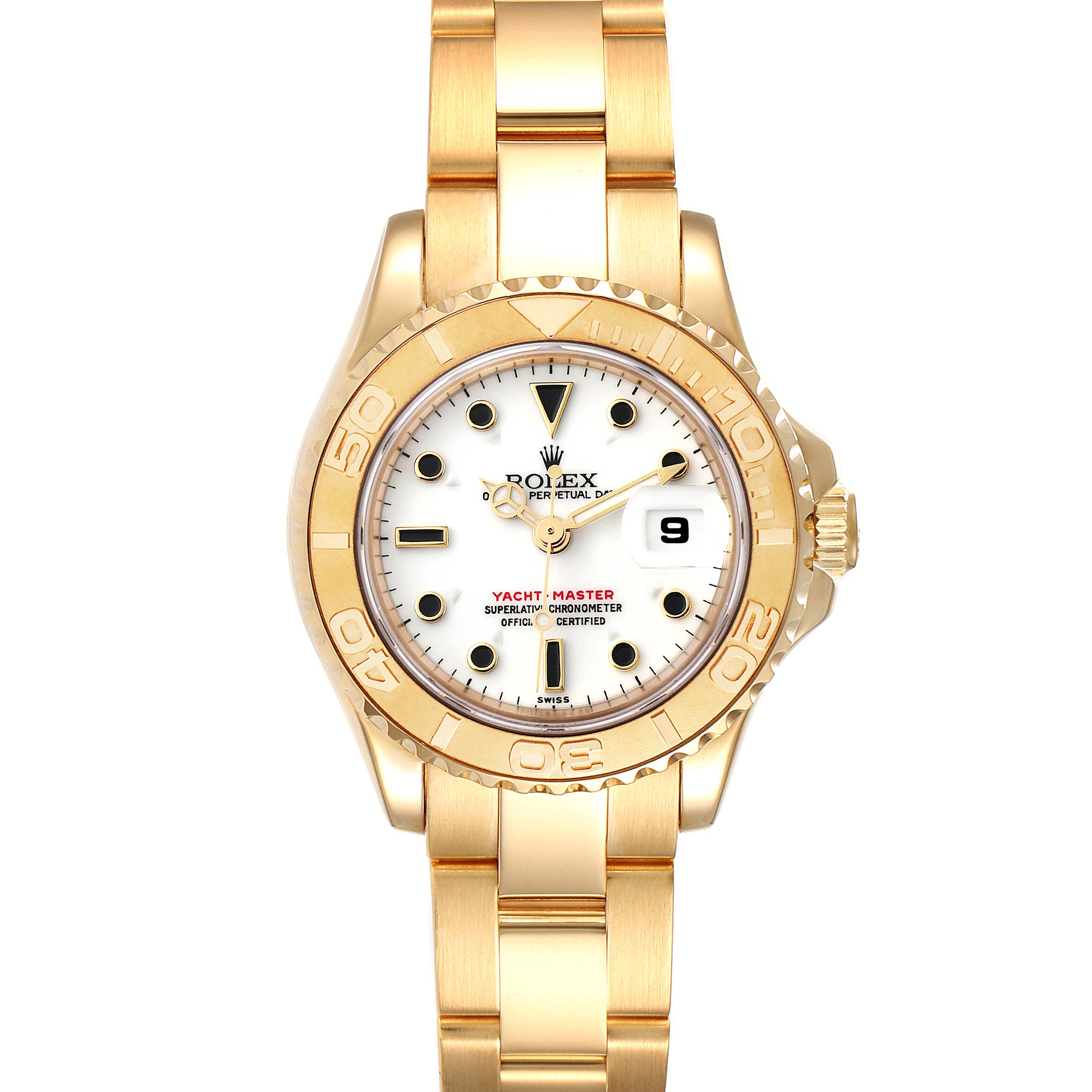 The Rolex Yacht-Master 69628 Women's Yellow Gold White Dial 69628 Women's Yellow Gold White Dial watch is shown from a front view displaying the face, bezel, and bracelet.