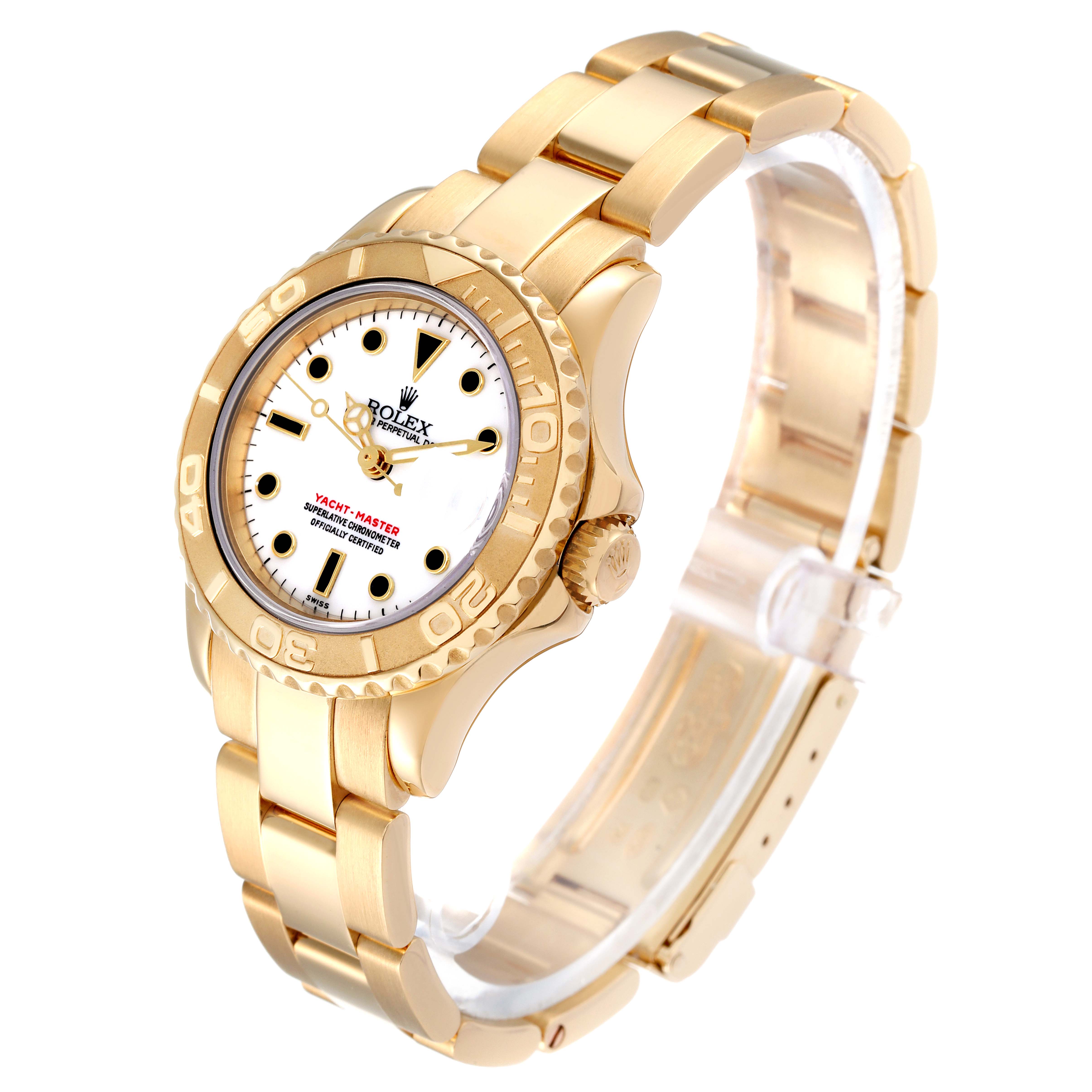 The Rolex Yacht-Master 69628 Women's Yellow Gold White Dial 69628 Women's Yellow Gold White Dial watch is shown at a three-quarter angle, displaying its face, bezel, crown, and bracelet.