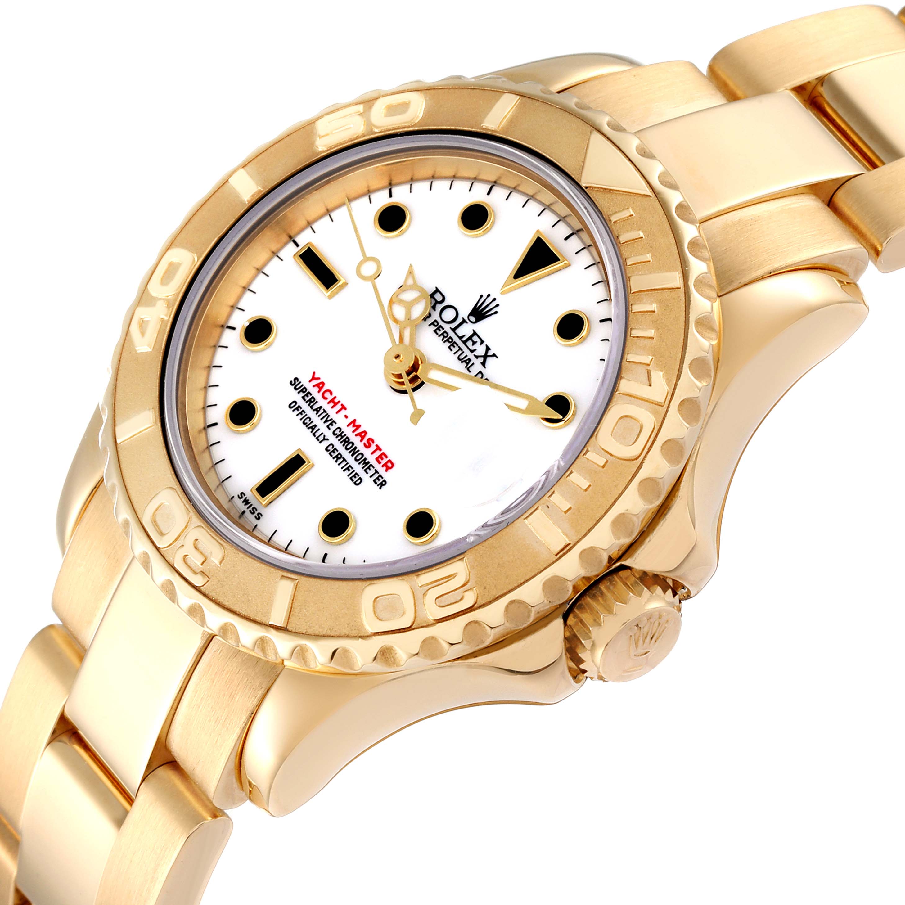 The image shows a Rolex Yacht-Master 69628 Women's Yellow Gold White Dial 69628 Women's Yellow Gold White Dial watch from a front angle, highlighting the dial, bezel, and part of the bracelet.