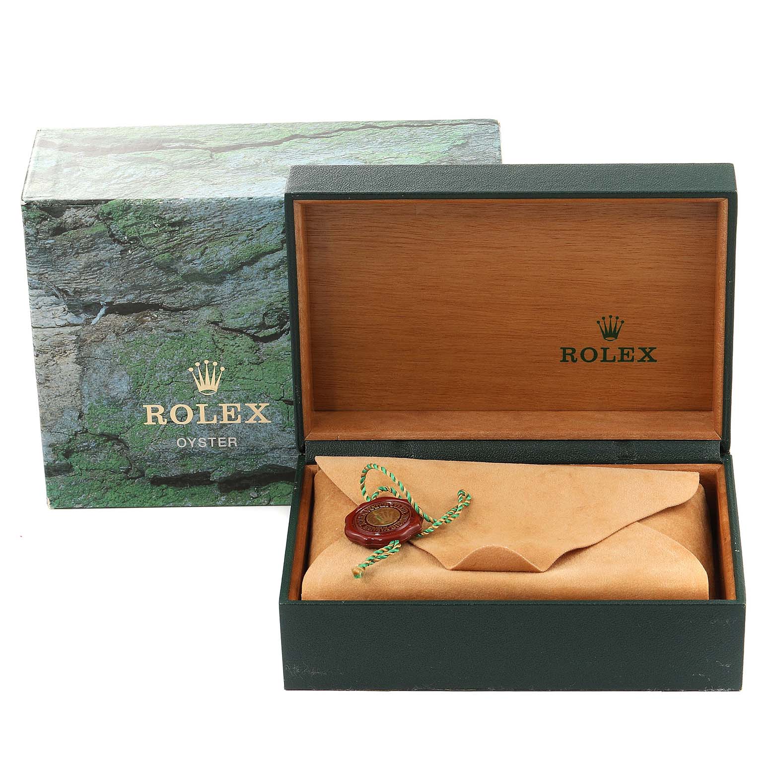 The image shows the packaging for a Rolex Yacht-Master 69628 Women's Yellow Gold White Dial 69628 Women's Yellow Gold White Dial watch, including an open box and an outer box.
