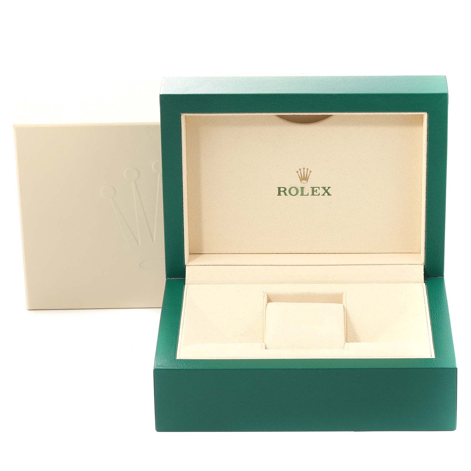 The image shows an open Rolex Yacht-Master 268655 Men's Rose Gold Silver Dial 268655 Men's Rose Gold Silver Dial watch box, featuring the inner cushion and Rolex logo inside.