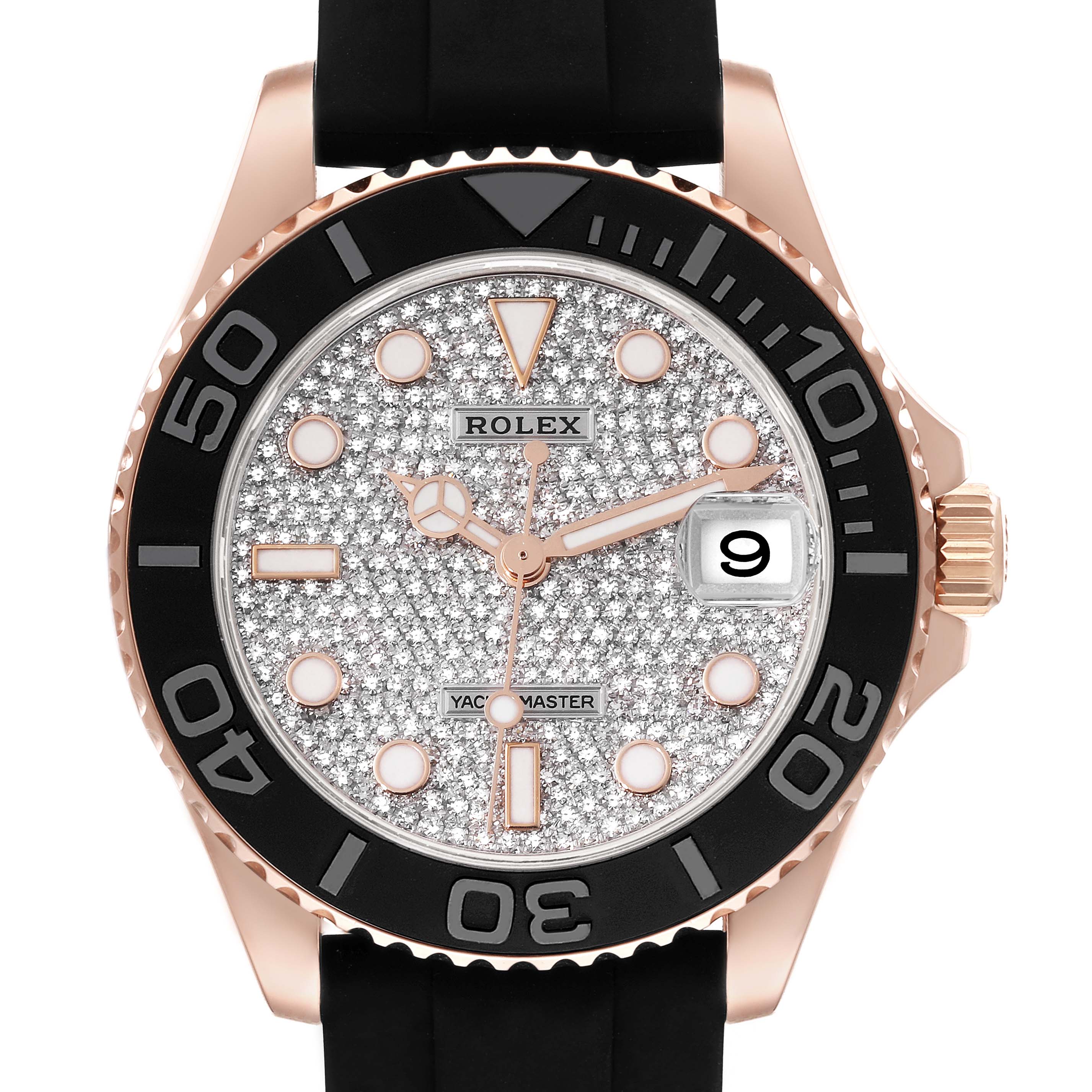 This image shows a front view of the Rolex Yacht-Master 268655 Men's Rose Gold Silver Dial 268655 Men's Rose Gold Silver Dial watch featuring a diamond-studded dial and a black bezel with a black strap.