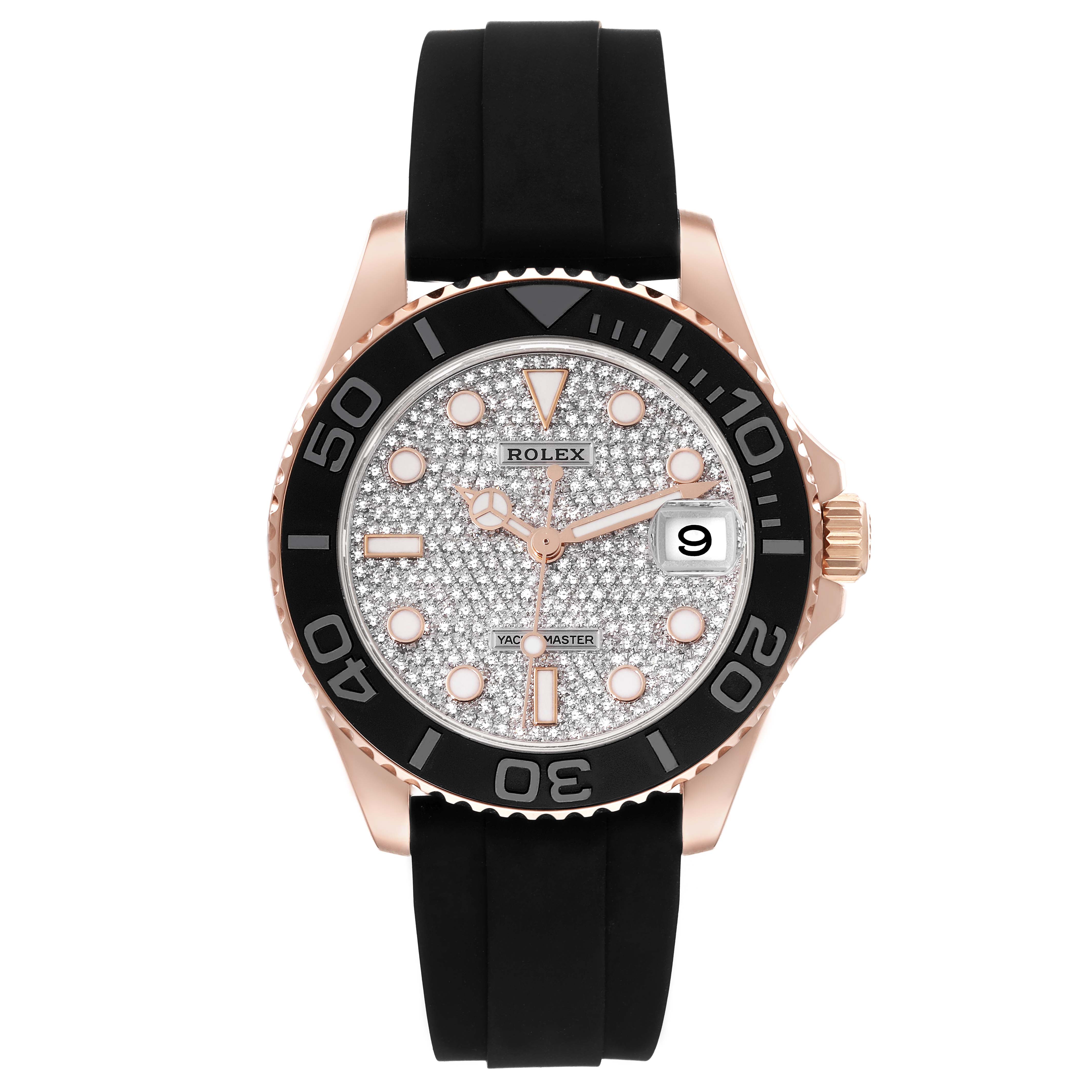 The Rolex Yacht-Master 268655 Men's Rose Gold Silver Dial 268655 Men's Rose Gold Silver Dial watch is shown from the front, highlighting its bezel, dial, hands, date window, and strap.