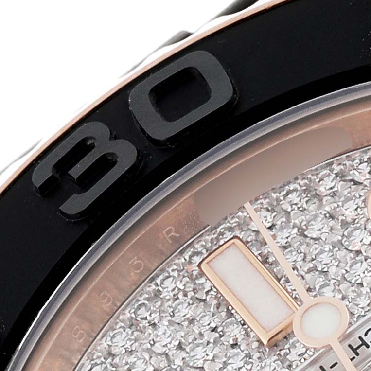 The image shows a close-up of the bezel and dial of a Rolex Yacht-Master 268655 Men's Rose Gold Silver Dial 268655 Men's Rose Gold Silver Dial watch.