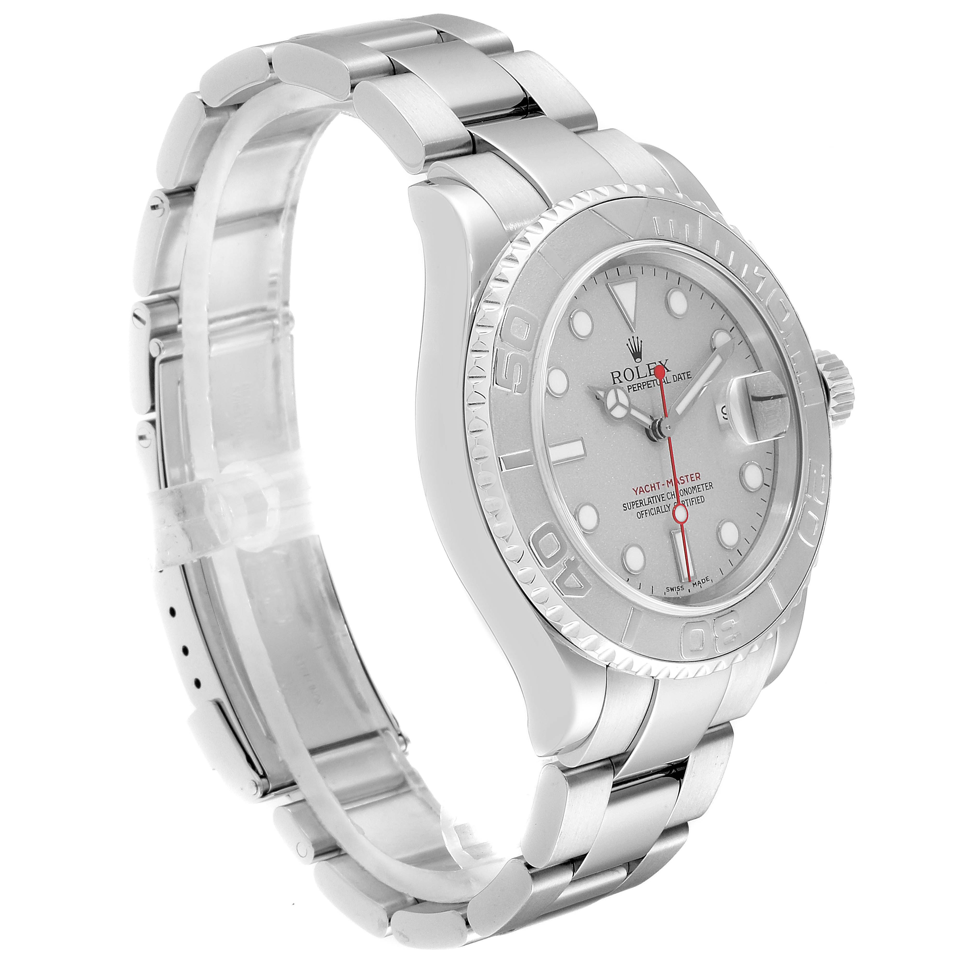 The image shows a side view of the Rolex Yacht-Master 16622 Men
s Stainless Steel Silver Dial 16622 Men
s Stainless Steel Silver Dial watch, highlighting its face, bezel, and bracelet.