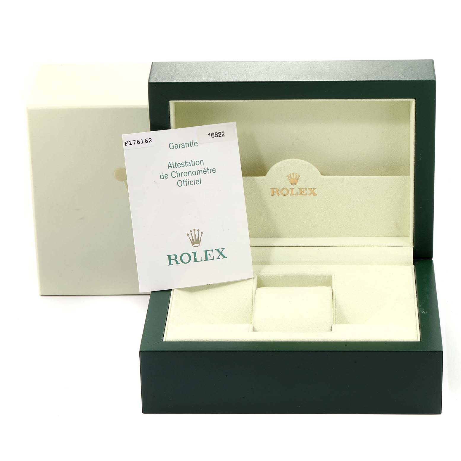 The image shows an open Rolex watch case for the Yacht-Master model, along with a warranty card.