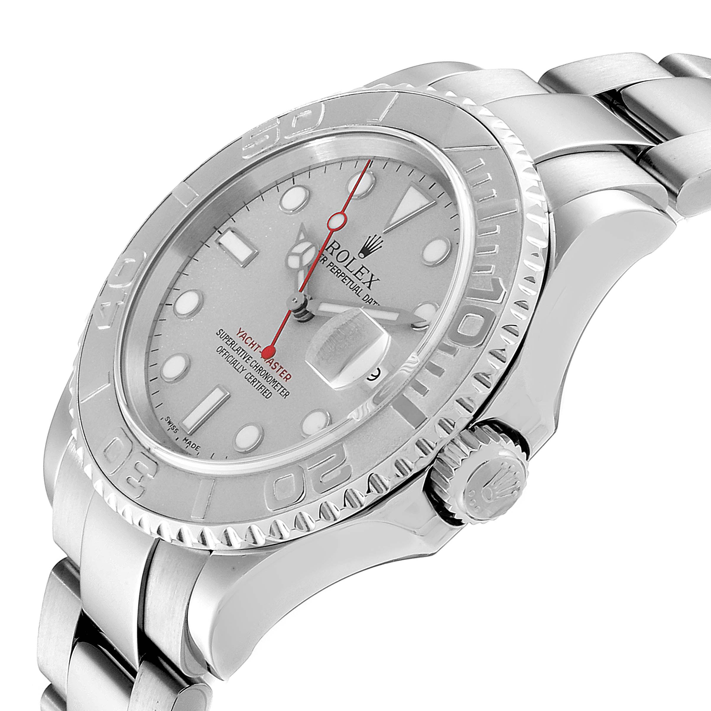 This image shows a side angle of a Rolex Yacht-Master 16622 Men
s Stainless Steel Silver Dial 16622 Men
s Stainless Steel Silver Dial watch, highlighting the face, bezel, crown, and bracelet.