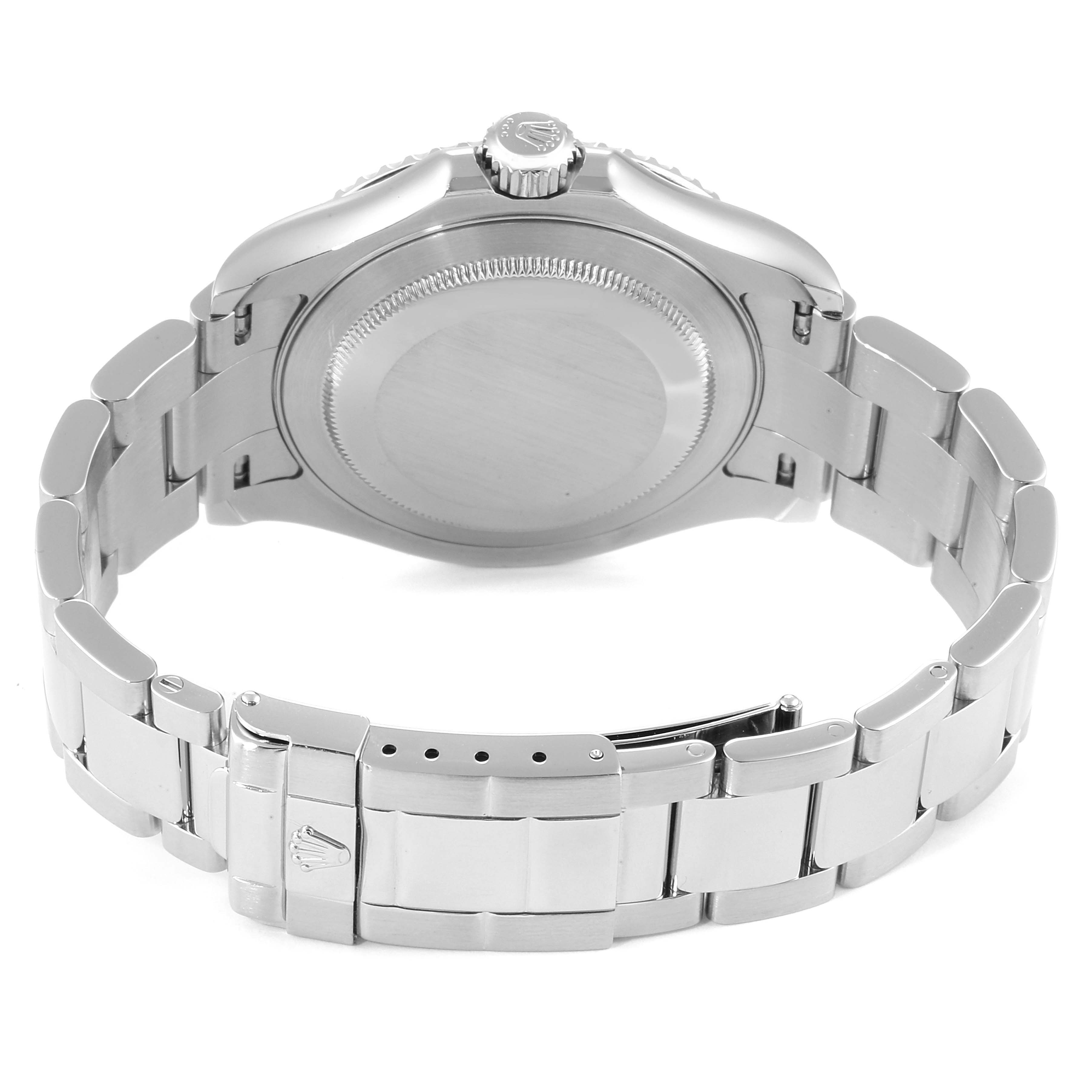The image shows the back view of a Rolex Yacht-Master 16622 Men
s Stainless Steel Silver Dial 16622 Men
s Stainless Steel Silver Dial watch, highlighting its case back, crown, and bracelet.