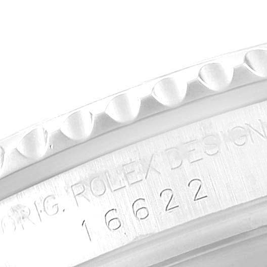 The image shows a close-up of the bezel and casing of a Rolex Yacht-Master 16622 Men
s Stainless Steel Silver Dial 16622 Men
s Stainless Steel Silver Dial model, highlighting the model number 16622.