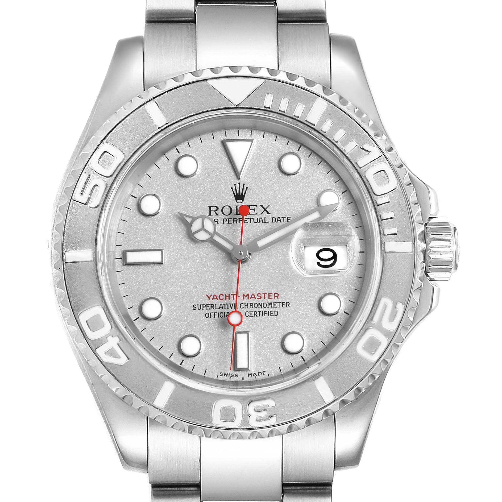 The image shows a front view of the Rolex Yacht-Master 16622 Men
s Stainless Steel Silver Dial 16622 Men
s Stainless Steel Silver Dial watch, featuring its bezel, dial, and bracelet.