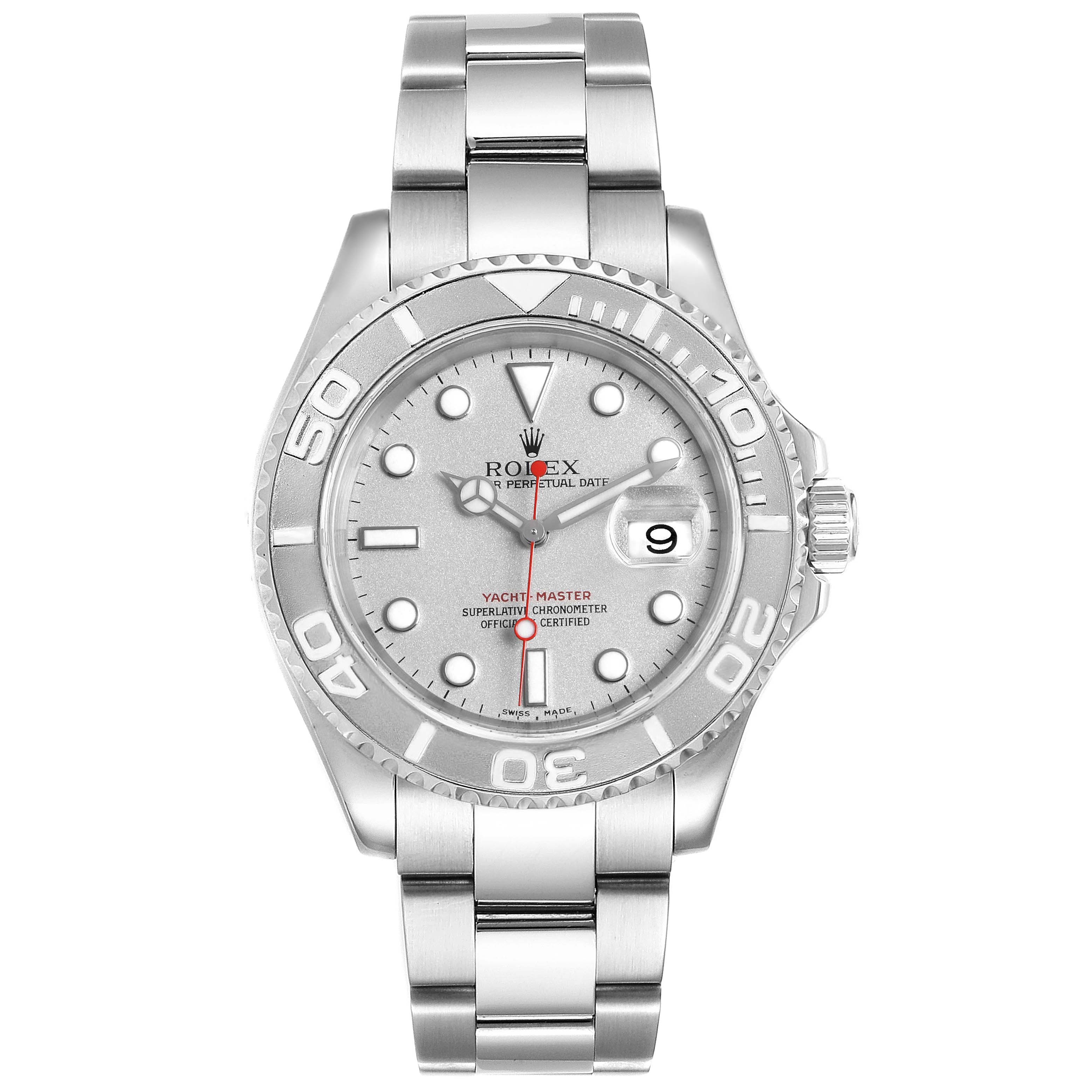 The image shows a front view of the Rolex Yacht-Master 16622 Men
s Stainless Steel Silver Dial 16622 Men
s Stainless Steel Silver Dial watch, displaying its face, bezel, and bracelet.