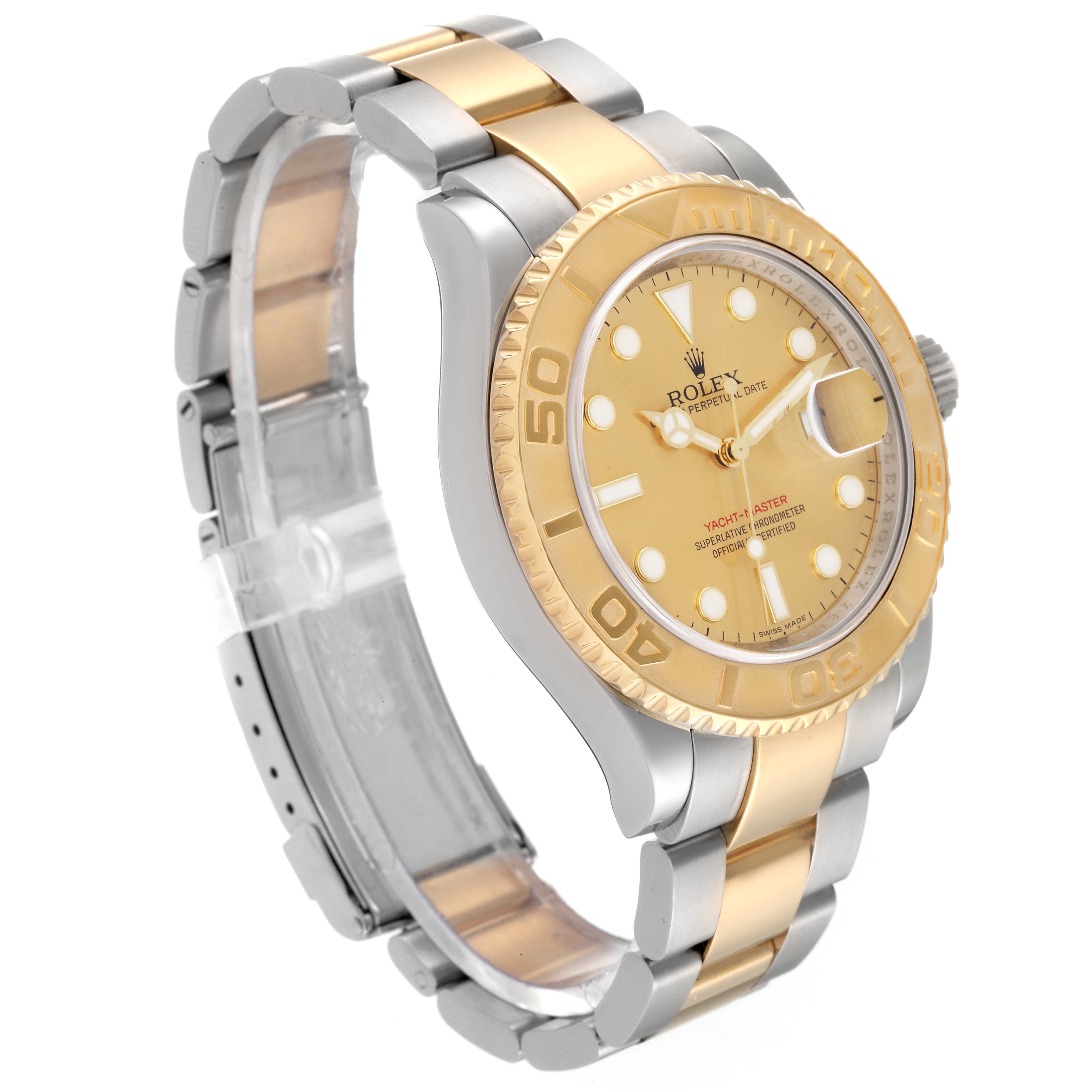 The image shows the Rolex Yacht-Master 16623 Men's Steel and Gold (two tone) Champagne Dial 16623 Men's Steel and Gold (two tone) Champagne Dial watch at a three-quarter angle, highlighting its gold bezel, gold dial, and two-tone bracelet.