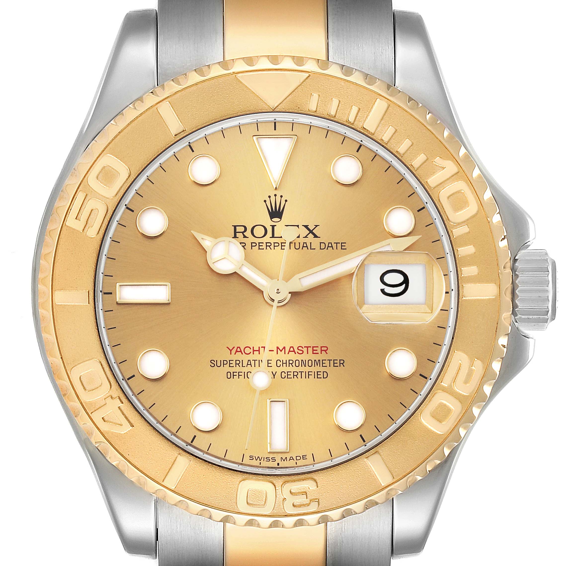The image shows a front view of the Rolex Yacht-Master 16623 Men's Steel and Gold (two tone) Champagne Dial 16623 Men's Steel and Gold (two tone) Champagne Dial watch, highlighting the dial, bezel, and date window.