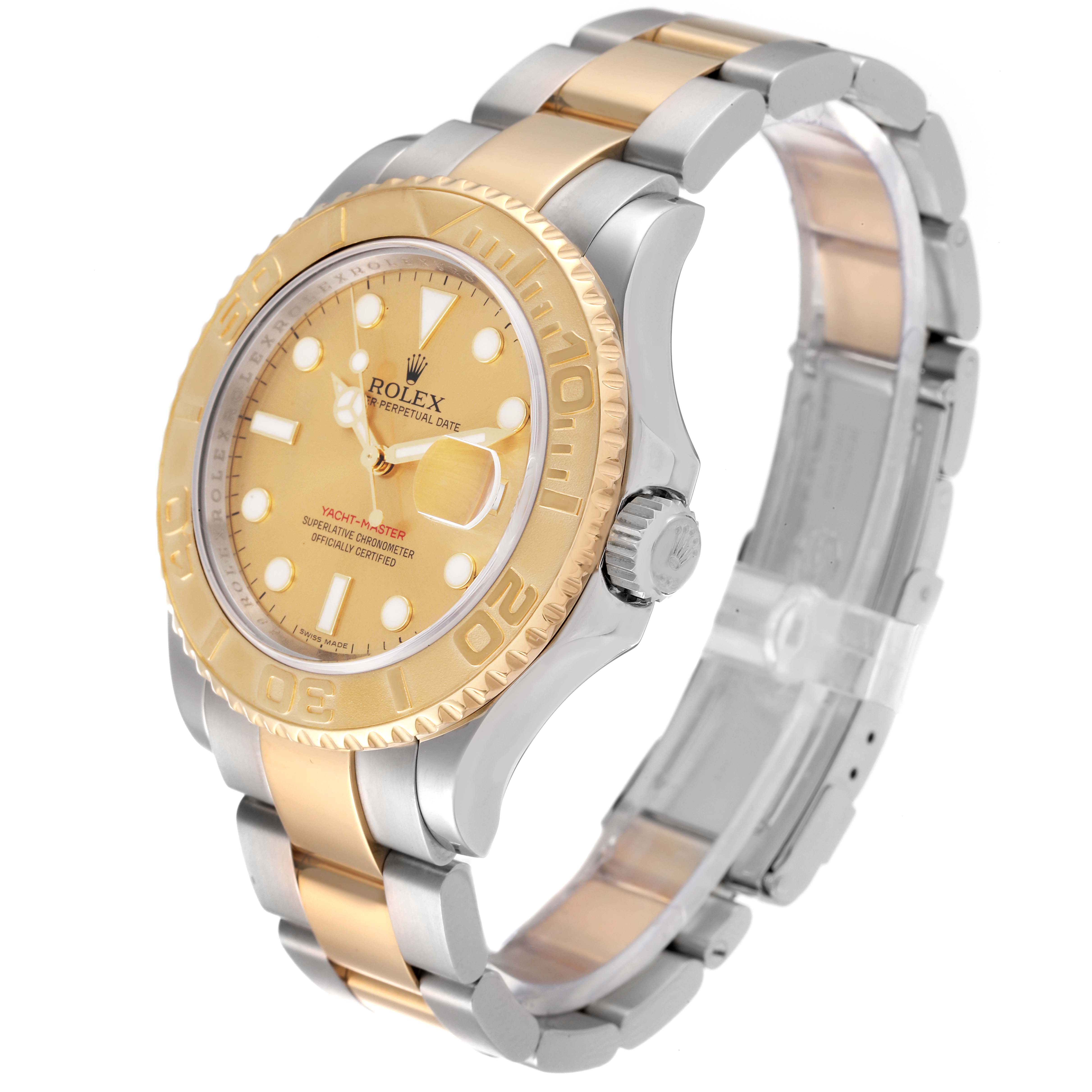The Rolex Yacht-Master 16623 Men's Steel and Gold (two tone) Champagne Dial 16623 Men's Steel and Gold (two tone) Champagne Dial watch is shown at a three-quarter angle, highlighting its dial, bezel, and bracelet.