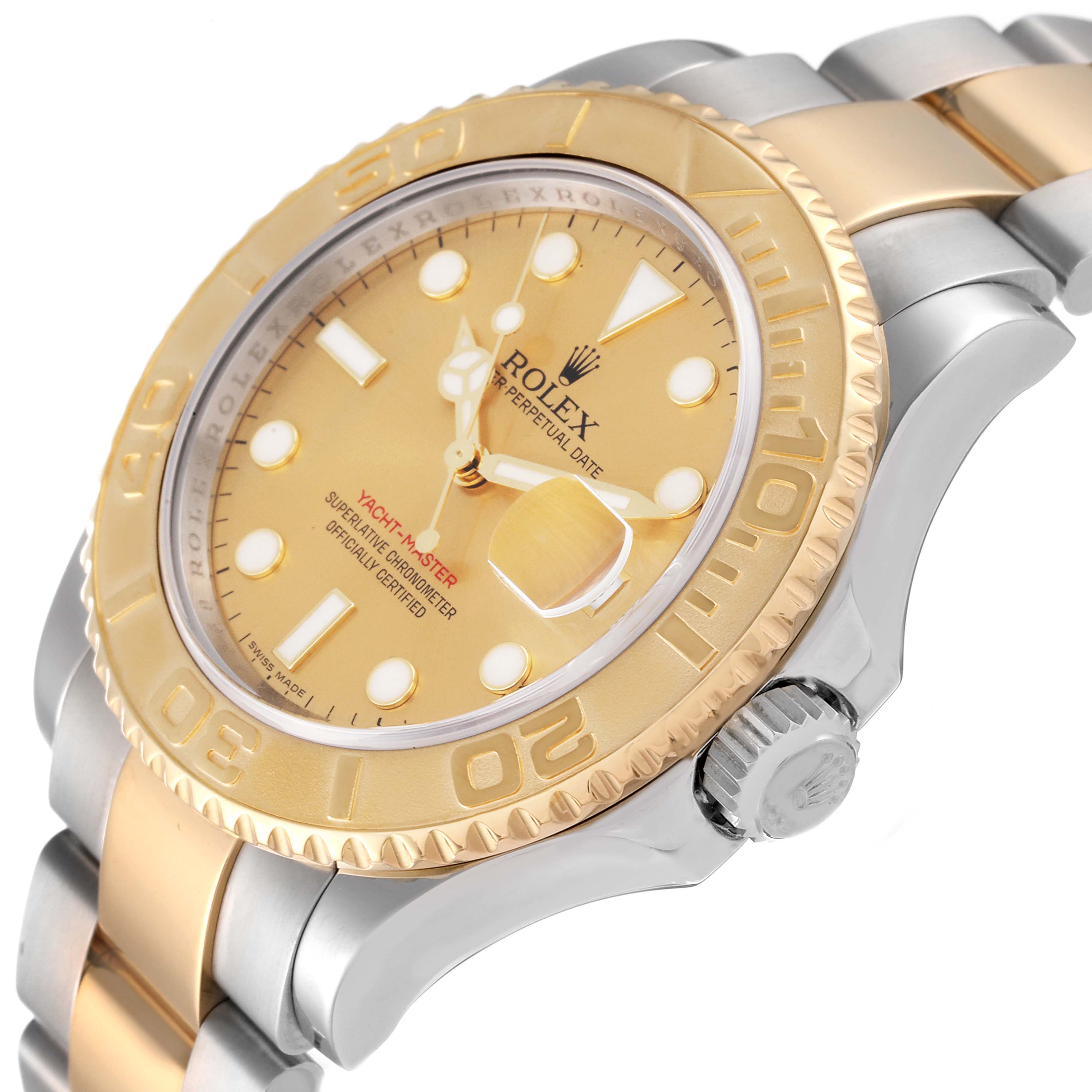The Rolex Yacht-Master 16623 Men's Steel and Gold (two tone) Champagne Dial 16623 Men's Steel and Gold (two tone) Champagne Dial watch is shown from a side angle, highlighting its gold and silver bracelet and bezel.