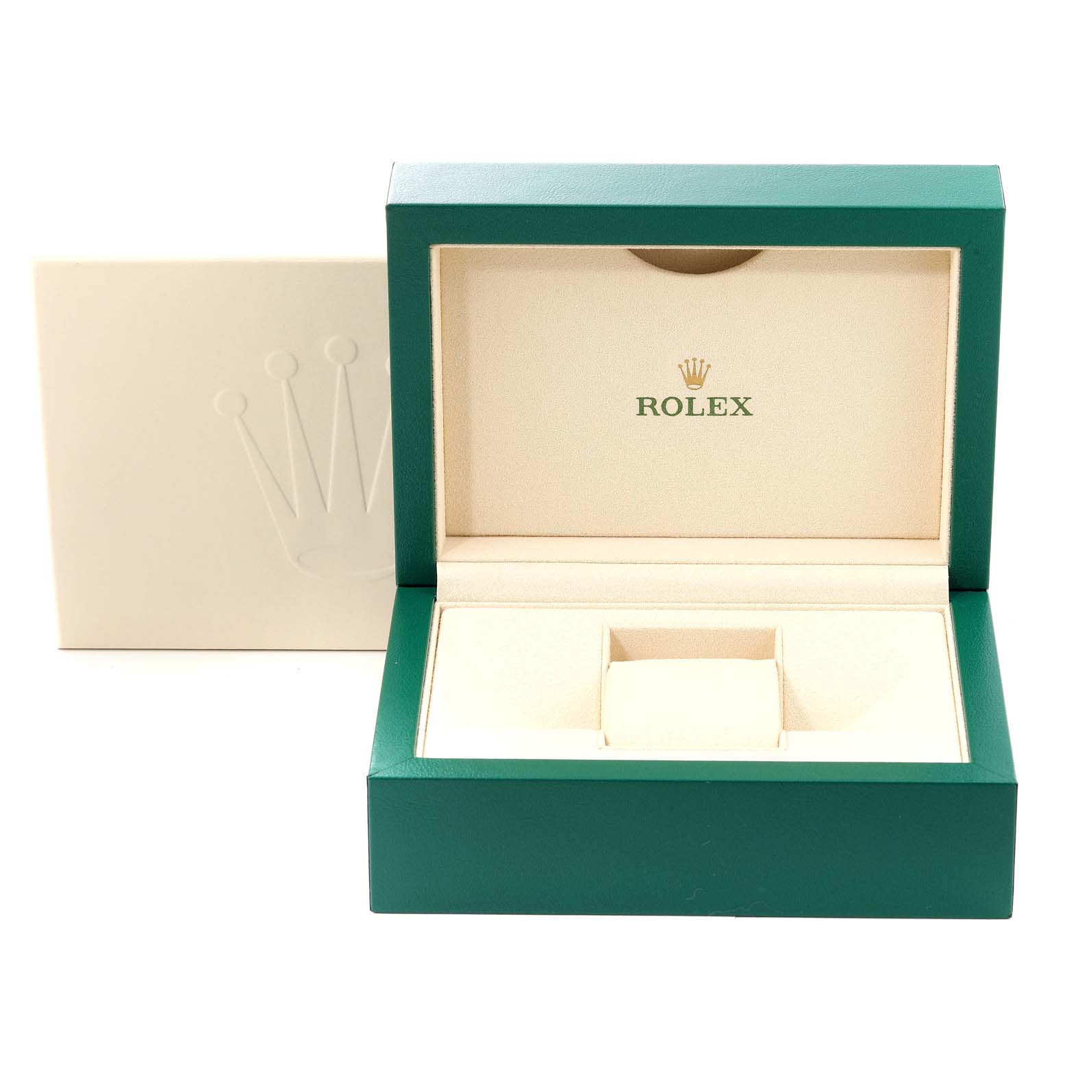 This image shows an open green Rolex box for the Yacht-Master model watch, with an outer cream-colored box in the background.