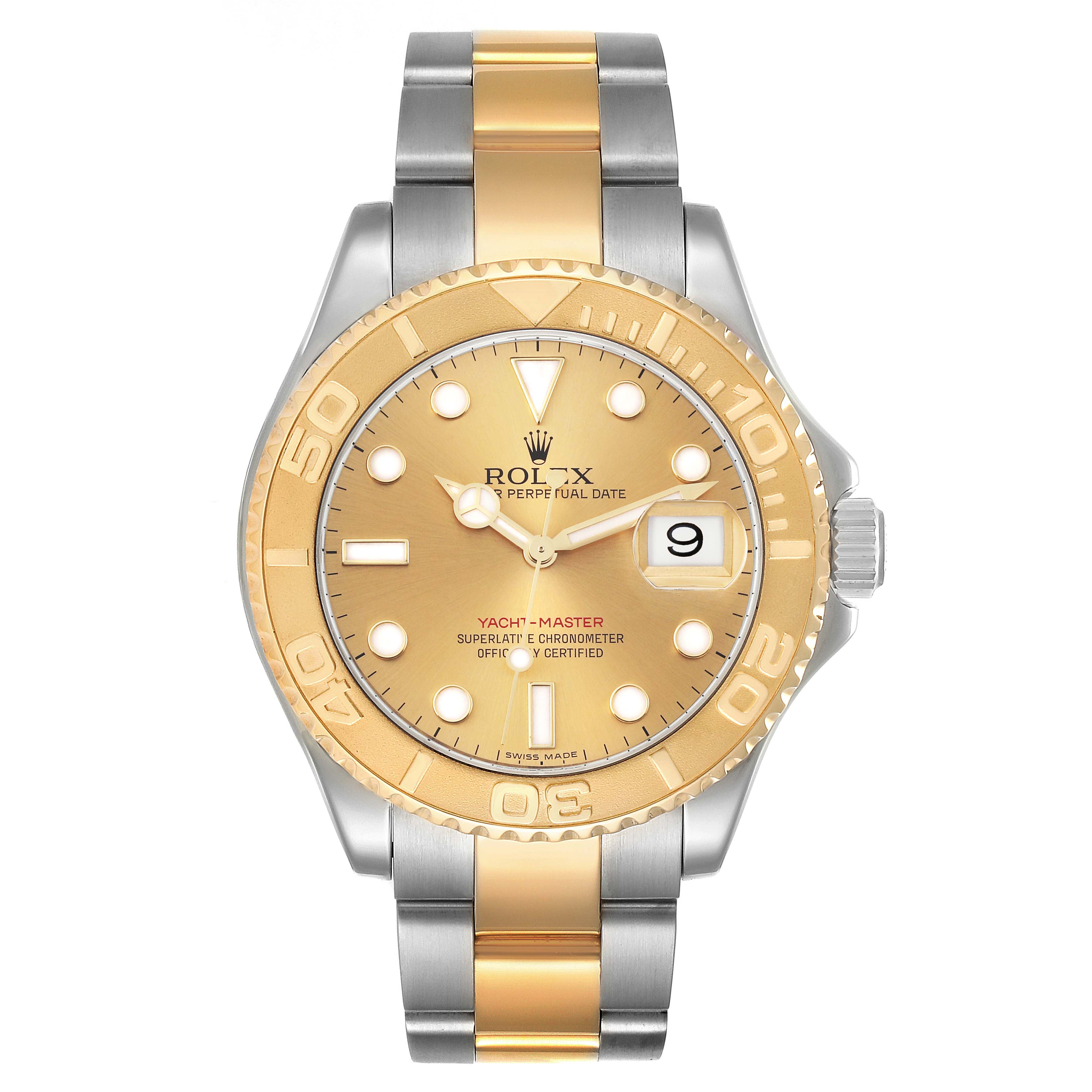 The image shows a front view of a Rolex Yacht-Master 16623 Men's Steel and Gold (two tone) Champagne Dial 16623 Men's Steel and Gold (two tone) Champagne Dial watch, displaying its dial, bezel, and bracelet.