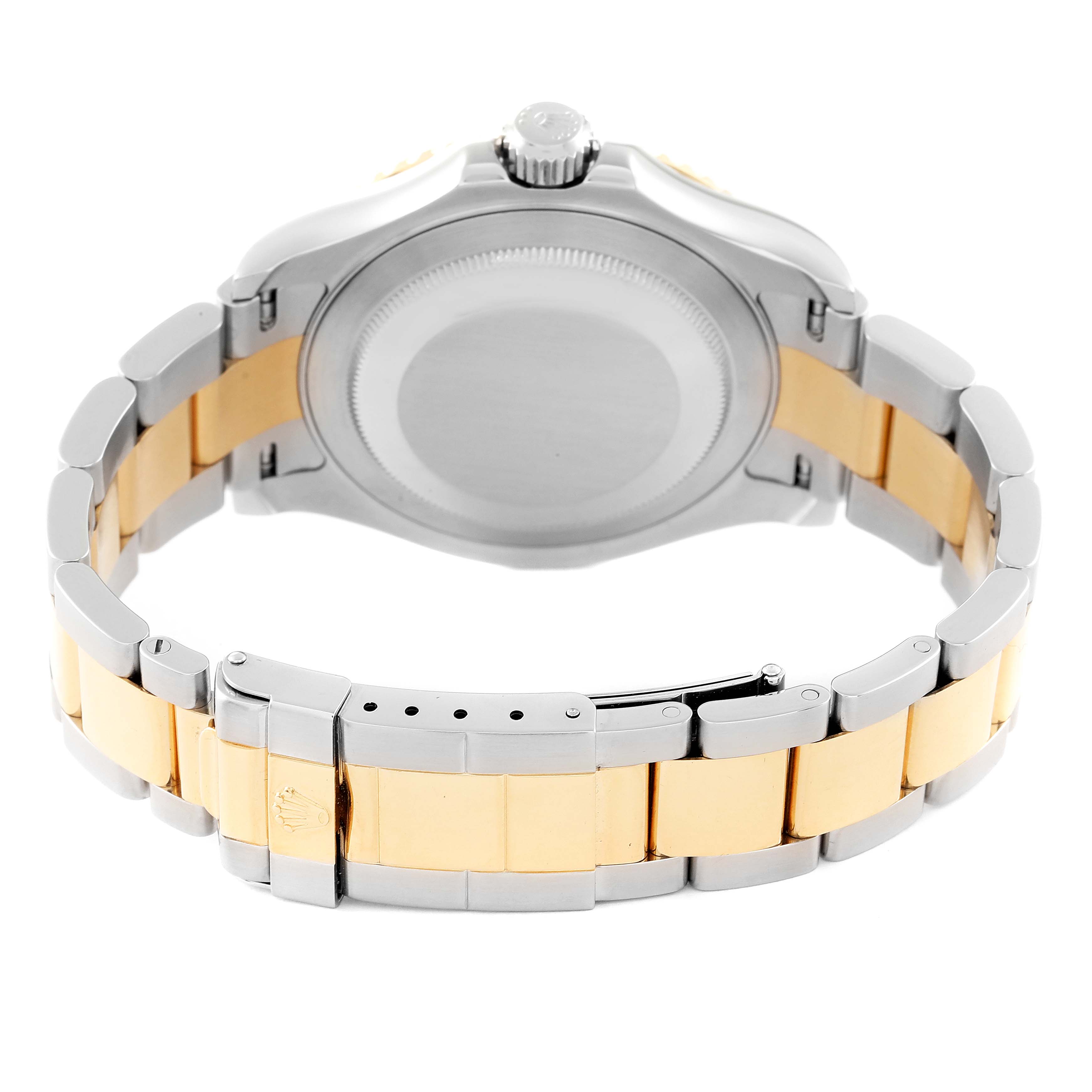 The image shows the rear view of a Rolex Yacht-Master 16623 Men's Steel and Gold (two tone) Champagne Dial 16623 Men's Steel and Gold (two tone) Champagne Dial watch, highlighting its case back, crown, and two-tone bracelet.