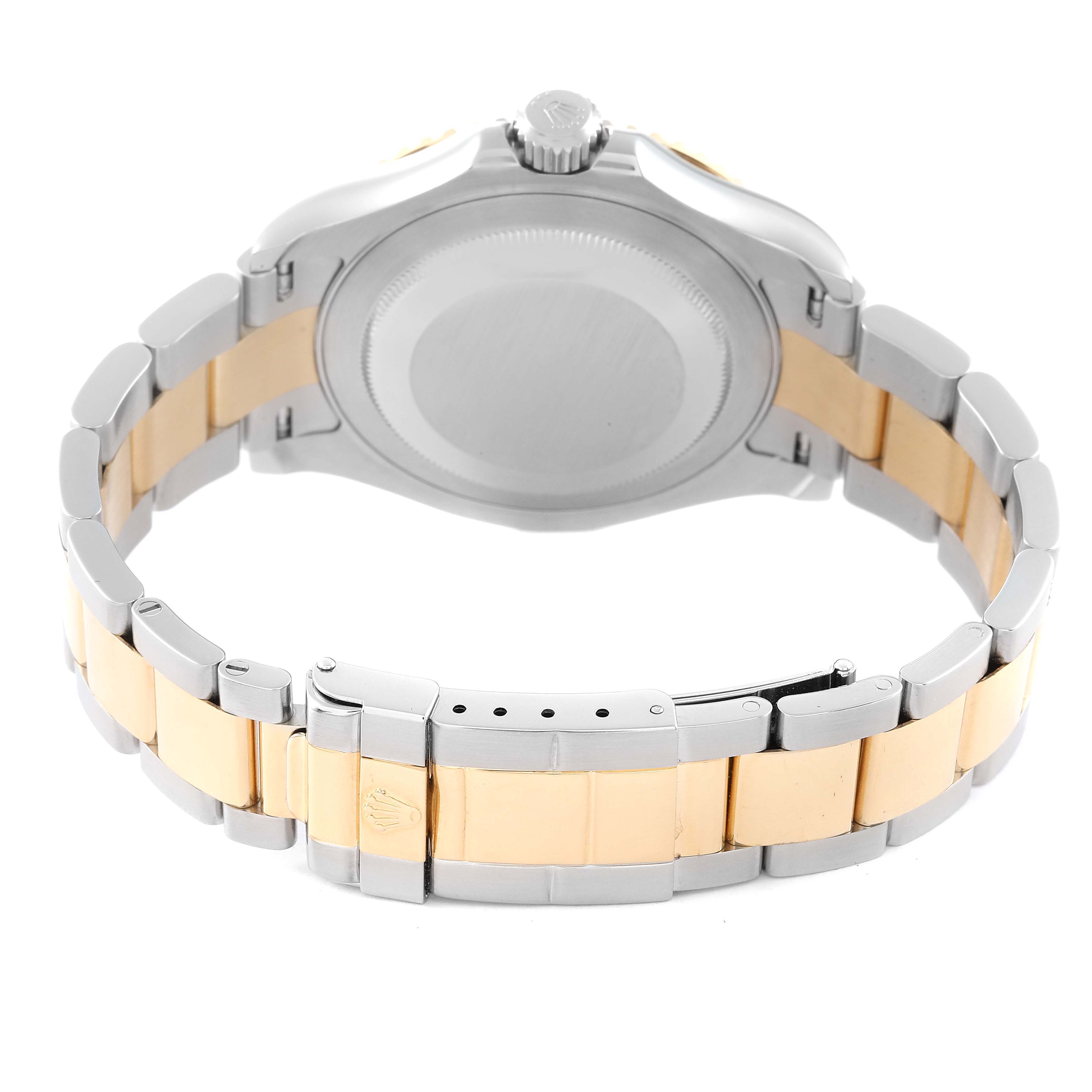 The image shows the back angle of a Rolex Yacht-Master 16623 Men's Steel and Gold (two tone) Grey Dial 16623 Men's Steel and Gold (two tone) Grey Dial watch, highlighting its stainless steel and gold bracelet and clasp.