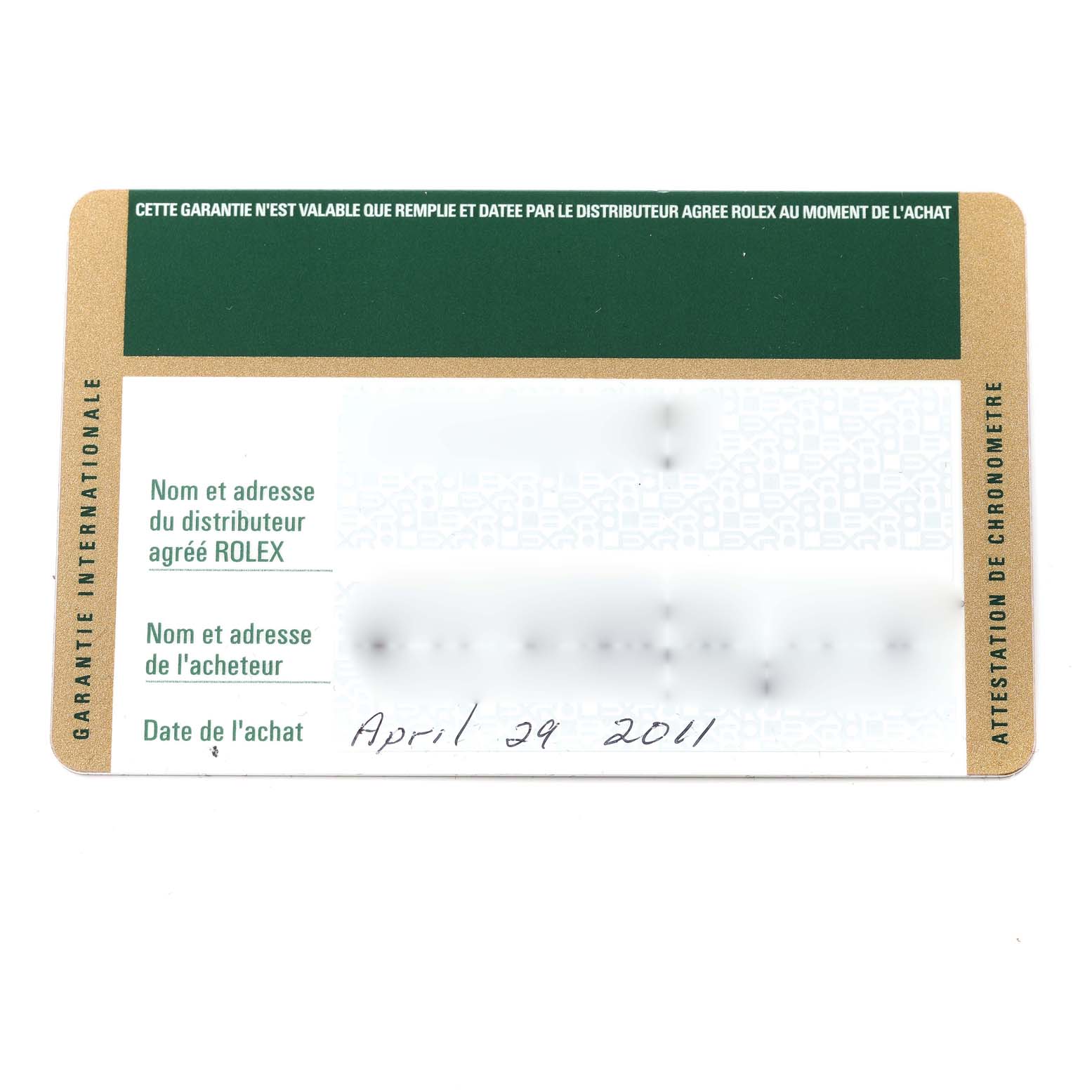 This image shows the guarantee card for the Rolex Yacht-Master 16623 Men's Steel and Gold (two tone) Grey Dial 16623 Men's Steel and Gold (two tone) Grey Dial model, dated April 29, 2011.