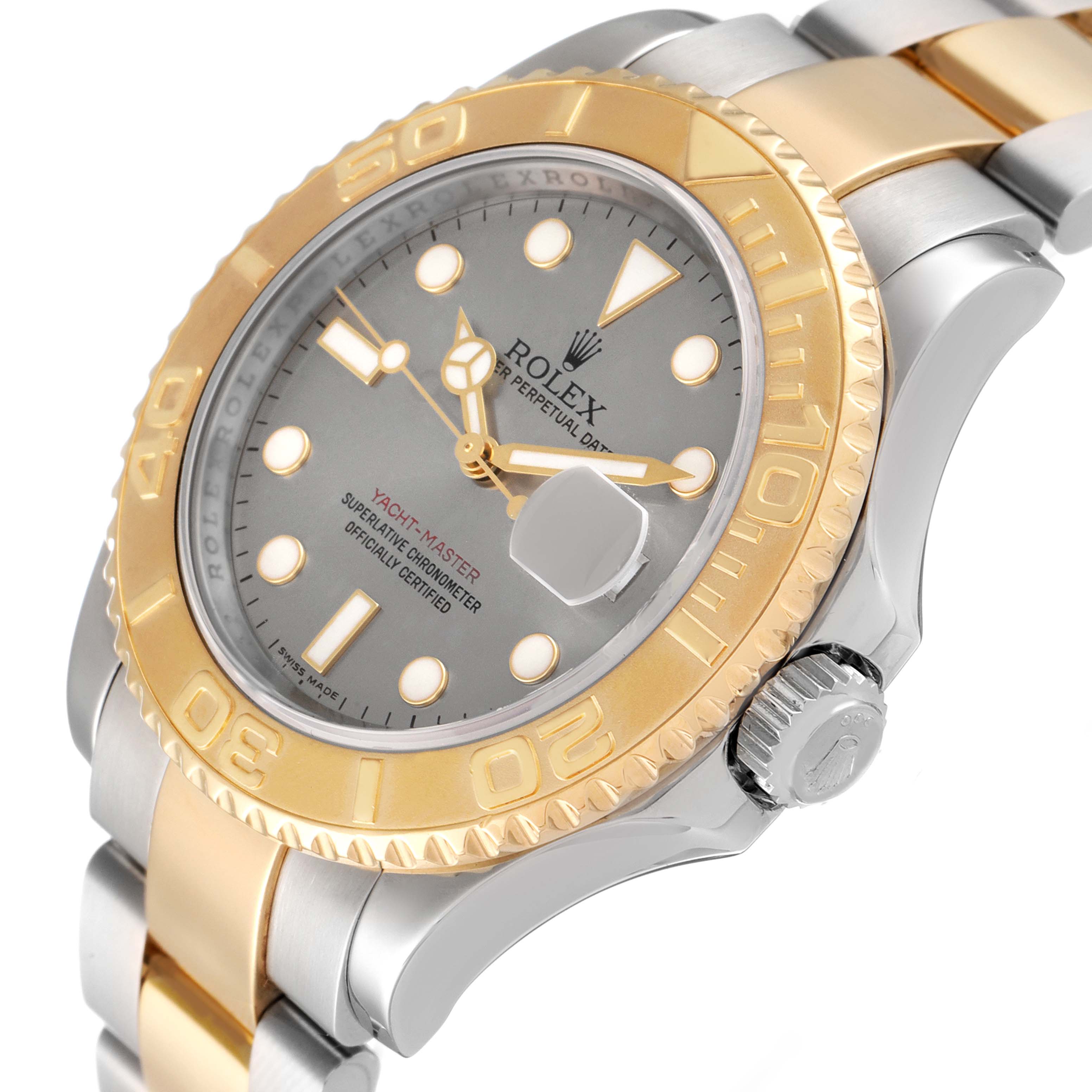 The image shows a Yacht-Master model by Rolex at a slight angle, featuring the dial, bezel, and part of the bracelet with a mix of gold and steel.