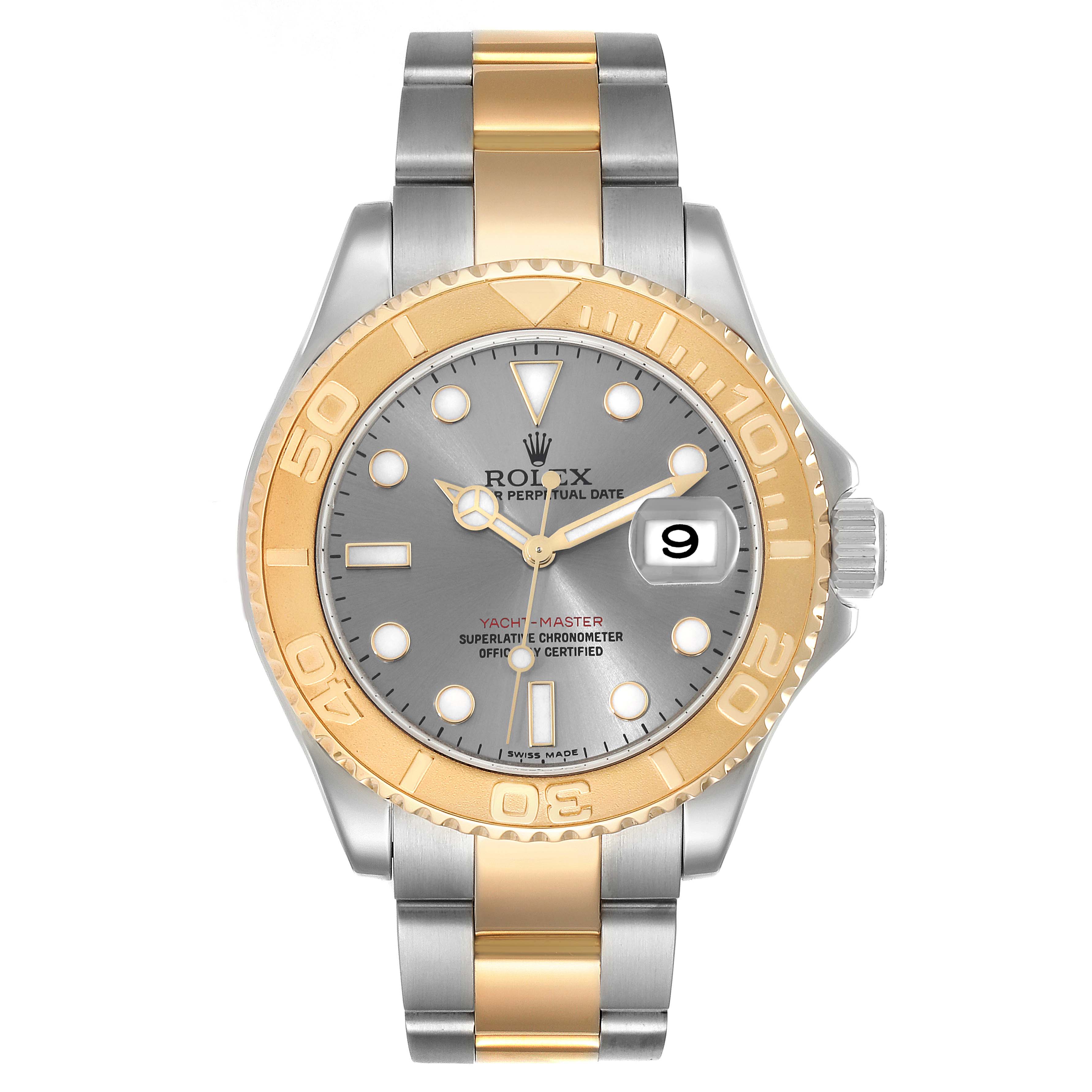 The Rolex Yacht-Master 16623 Men's Steel and Gold (two tone) Grey Dial 16623 Men's Steel and Gold (two tone) Grey Dial watch is shown from the front, displaying its dial, bezel, and bracelet.
