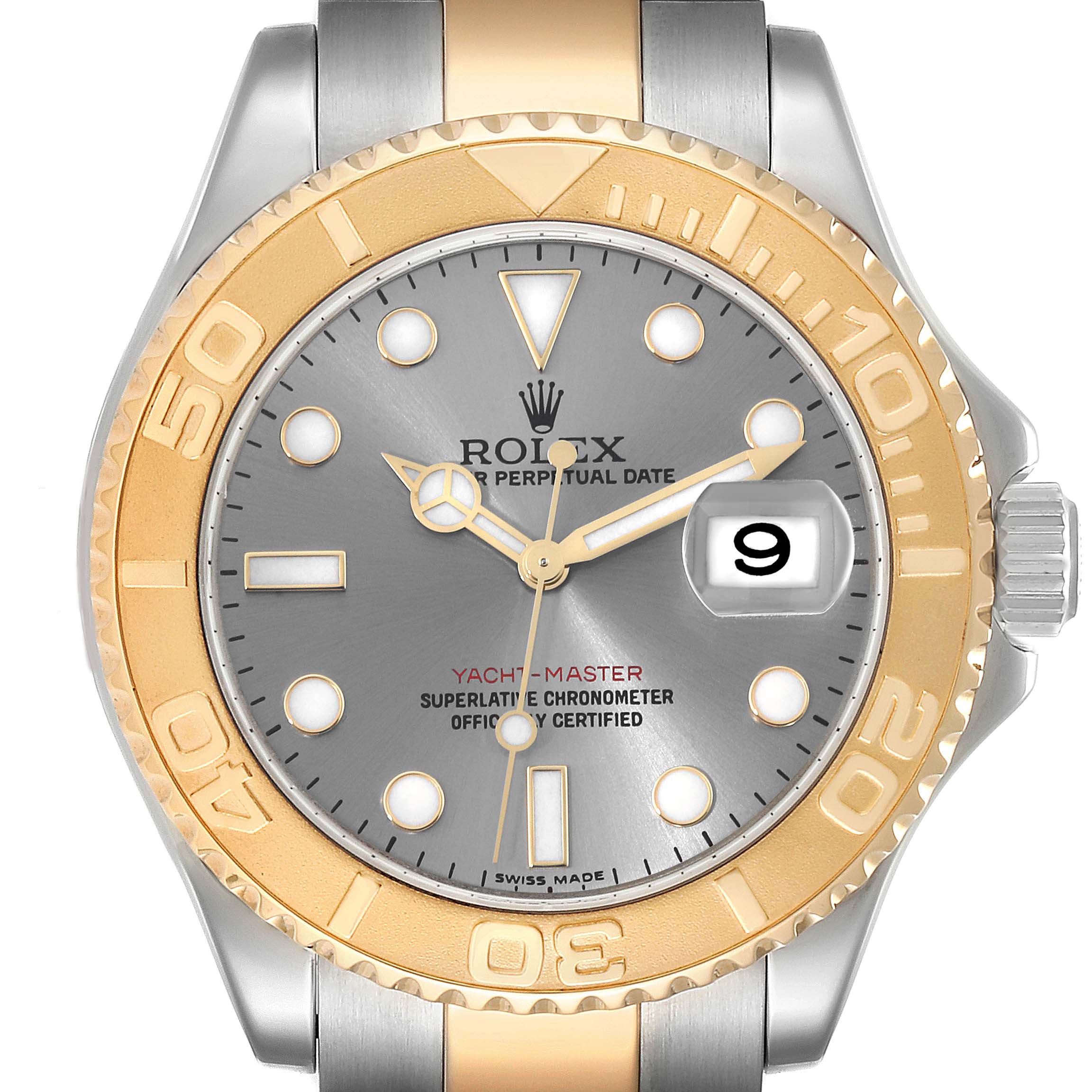 The image shows a front view of a Rolex Yacht-Master 16623 Men's Steel and Gold (two tone) Grey Dial 16623 Men's Steel and Gold (two tone) Grey Dial watch, highlighting the dial, bezel, and partial bracelet.