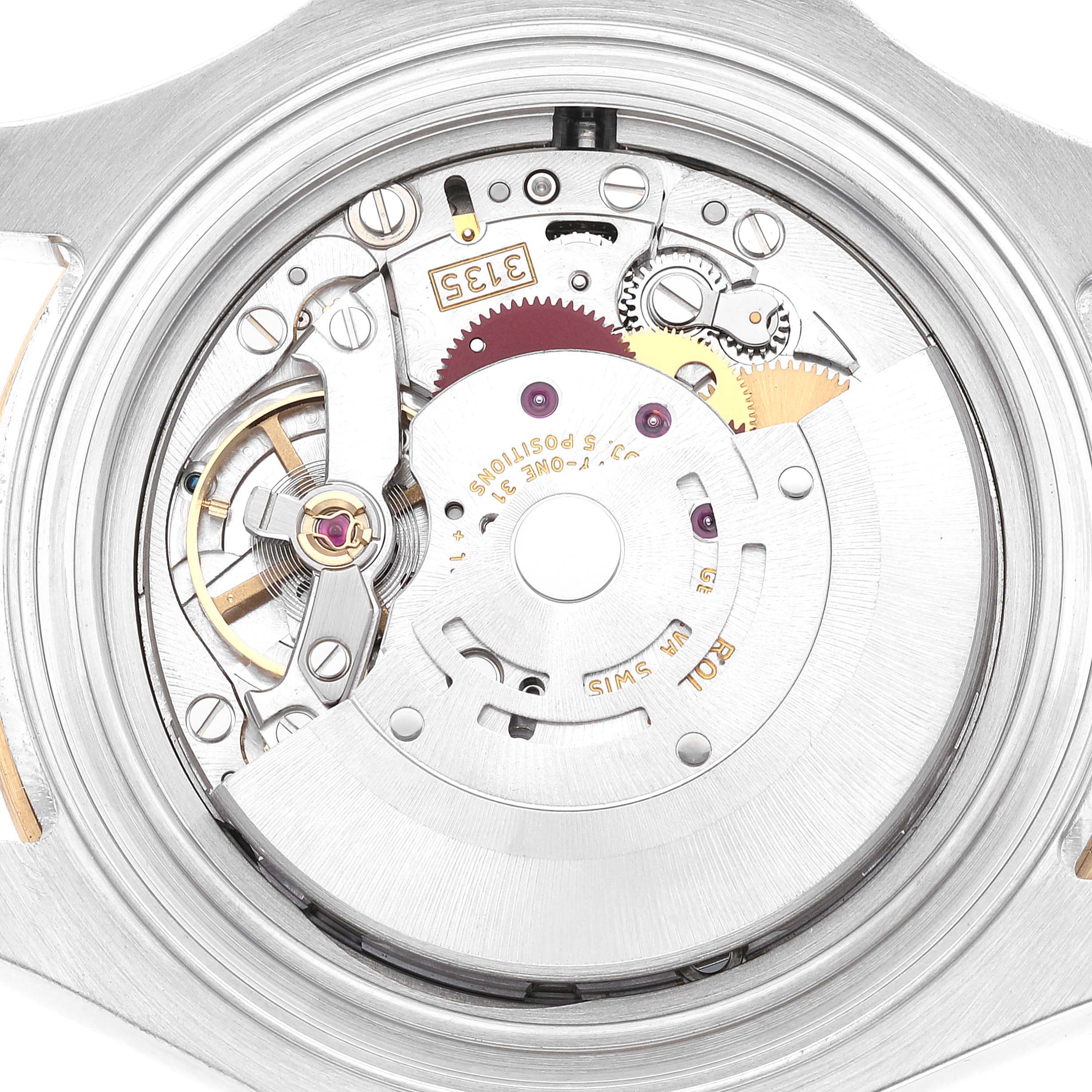 This image shows a close-up view of the movement's back side of the Rolex Yacht-Master 16623 Men's Steel and Gold (two tone) Grey Dial 16623 Men's Steel and Gold (two tone) Grey Dial watch.