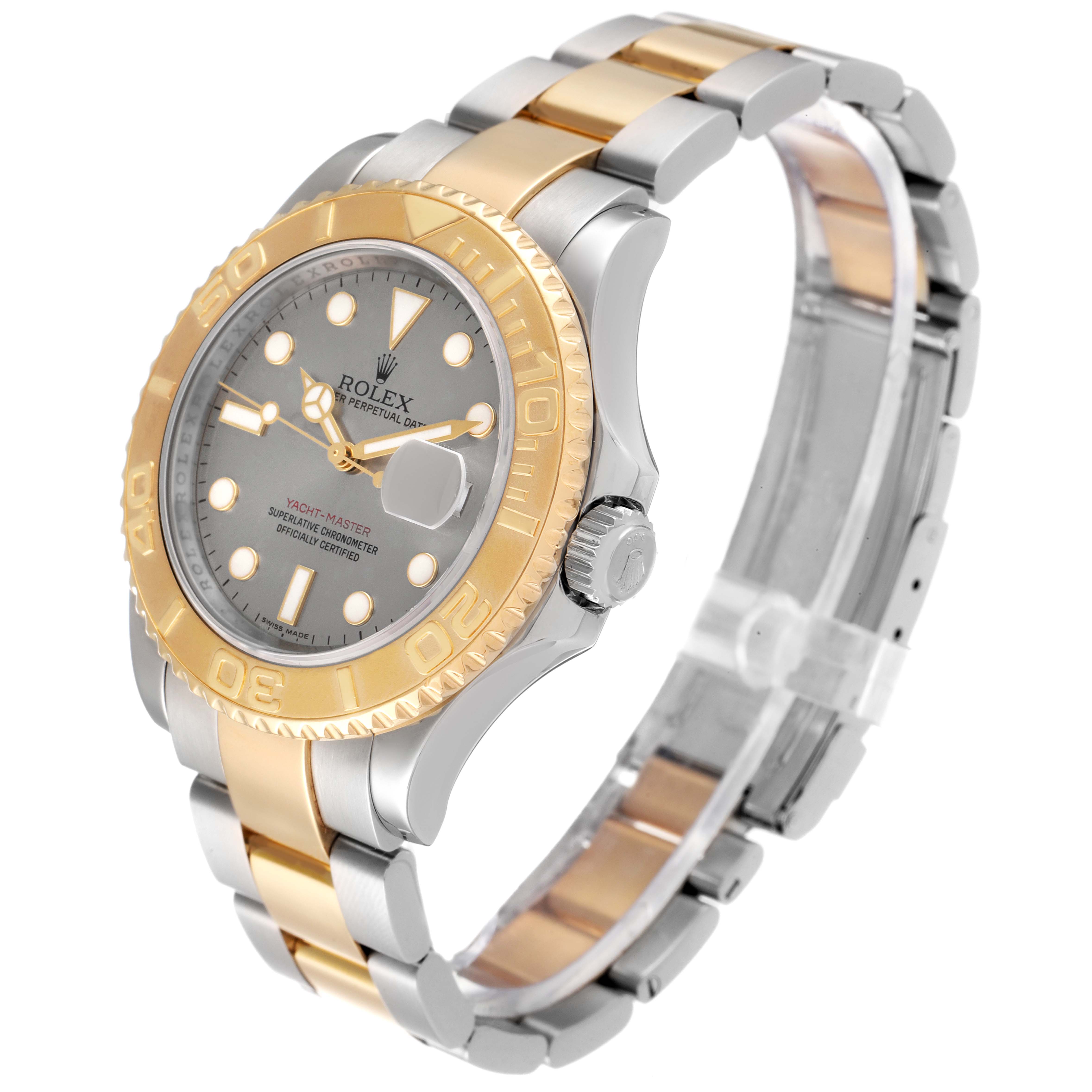 The image shows a Rolex Yacht-Master 16623 Men's Steel and Gold (two tone) Grey Dial 16623 Men's Steel and Gold (two tone) Grey Dial watch angled to display its dial, bezel, crown, and part of the bracelet.