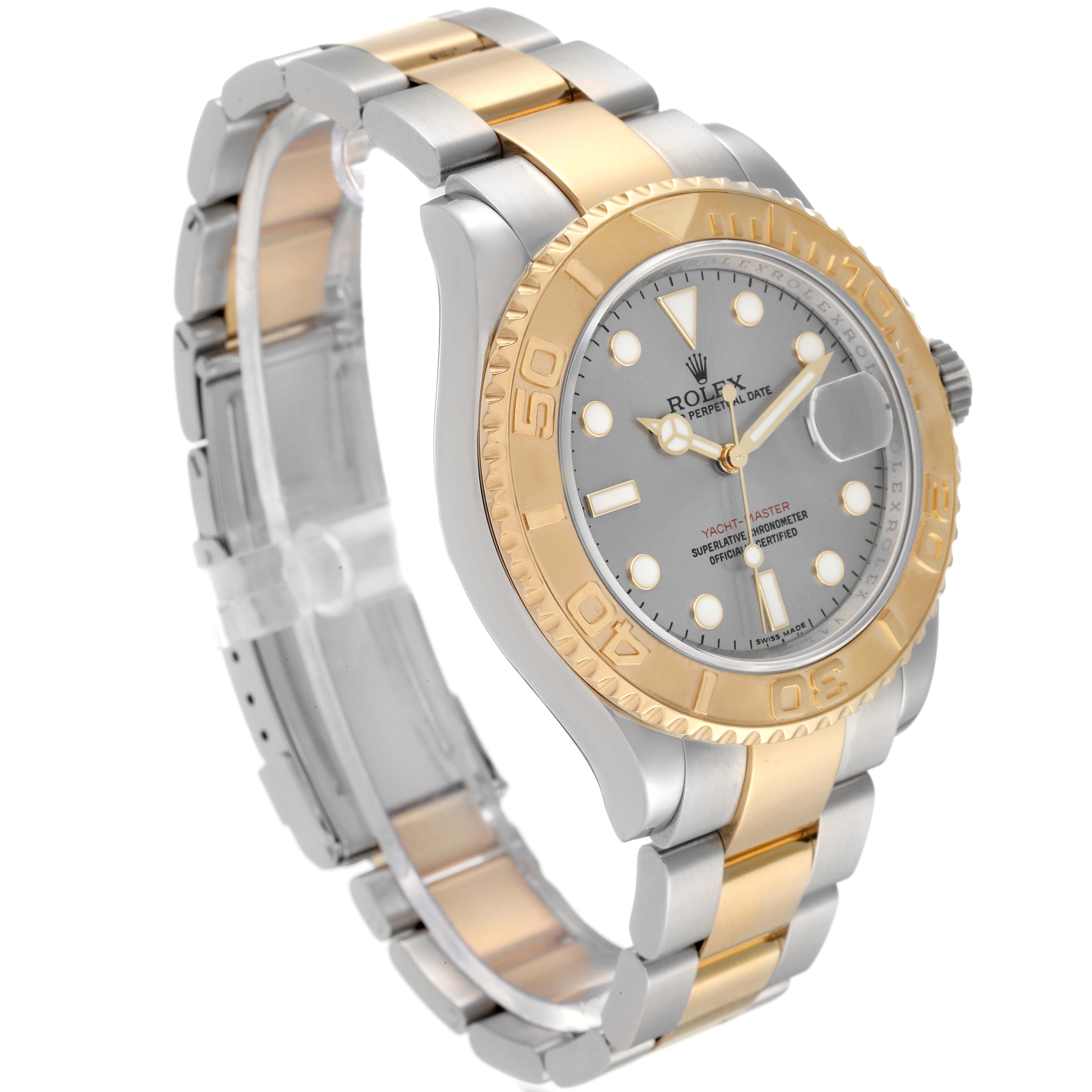 The image shows a Rolex Yacht-Master 16623 Men's Steel and Gold (two tone) Grey Dial 16623 Men's Steel and Gold (two tone) Grey Dial watch at an angle displaying its face, bezel, and part of the band.