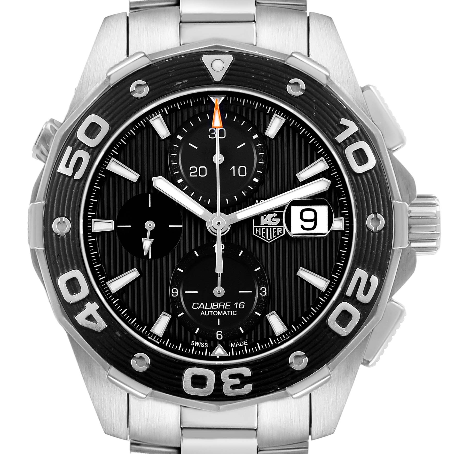 The Tag Heuer Aquaracer CAJ2110 Men's Stainless Steel Black Dial is shown front-facing, displaying the dial, bezel, and part of the bracelet.