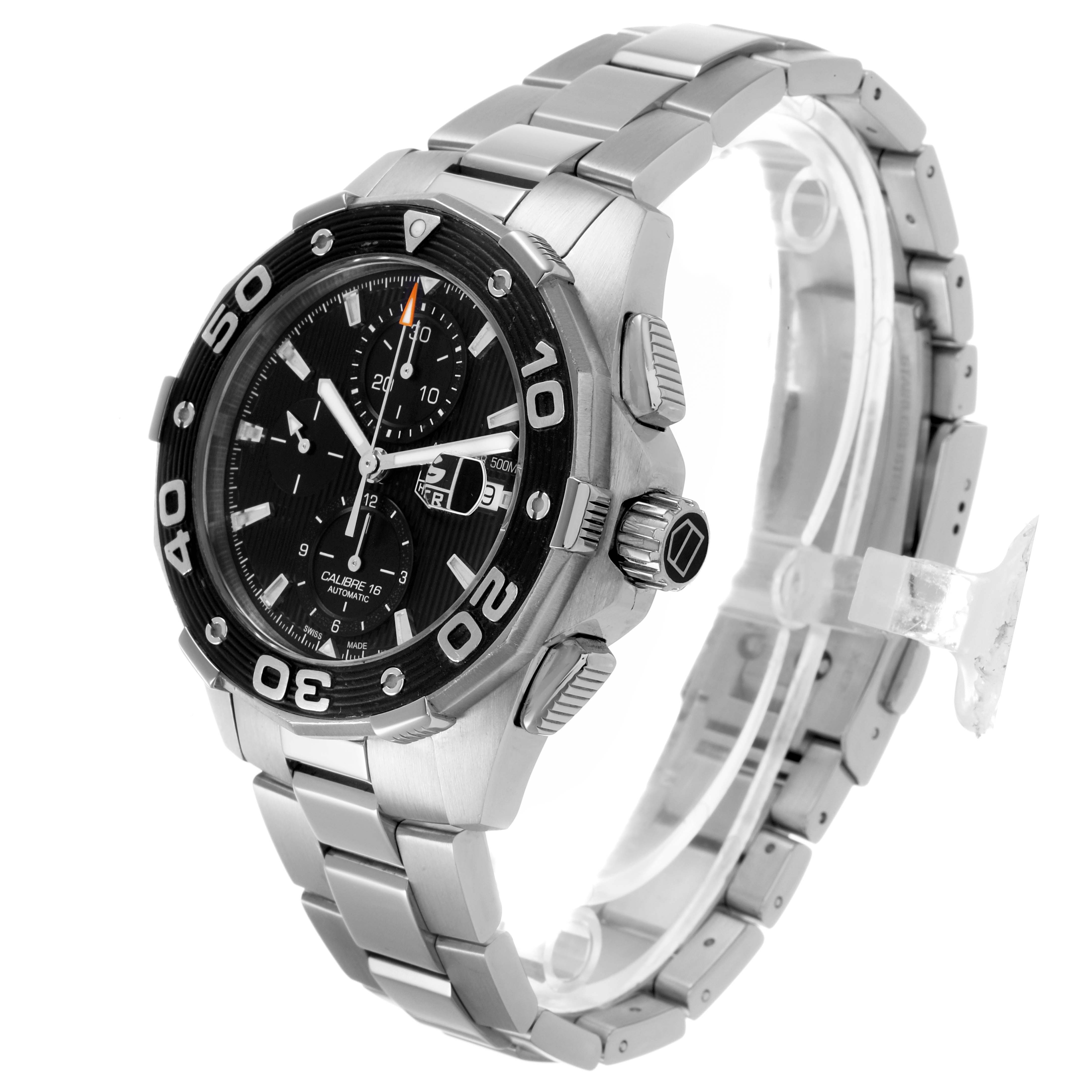 The Tag Heuer Aquaracer CAJ2110 Men's Stainless Steel Black Dial watch is shown at a three-quarter angle, highlighting the bezel, crown, and bracelet.