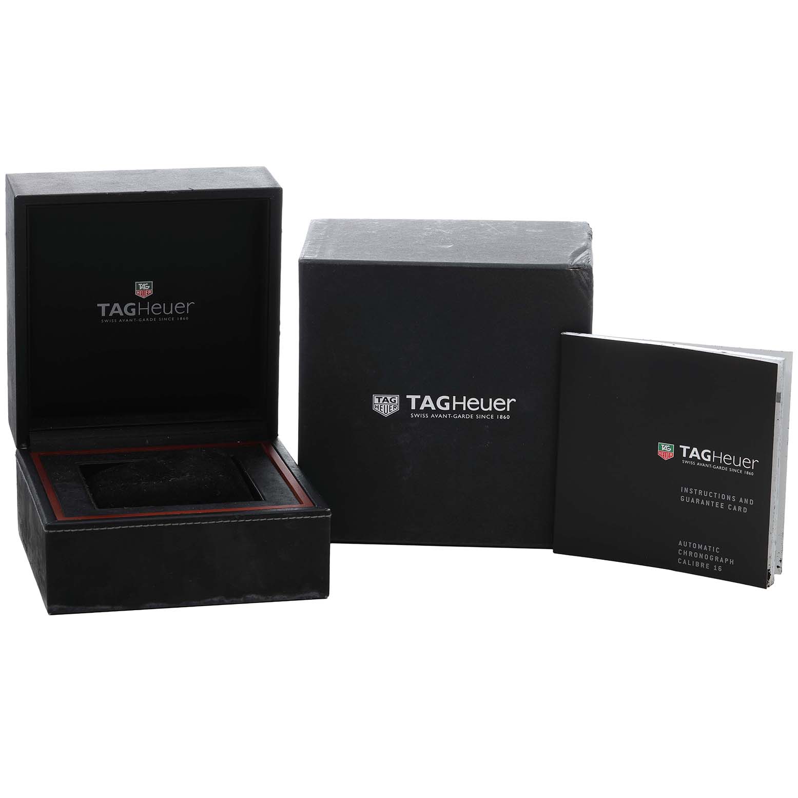 The image shows the TAG Heuer Aquaracer packaging, including a watch box, an outer box, and an instruction manual.