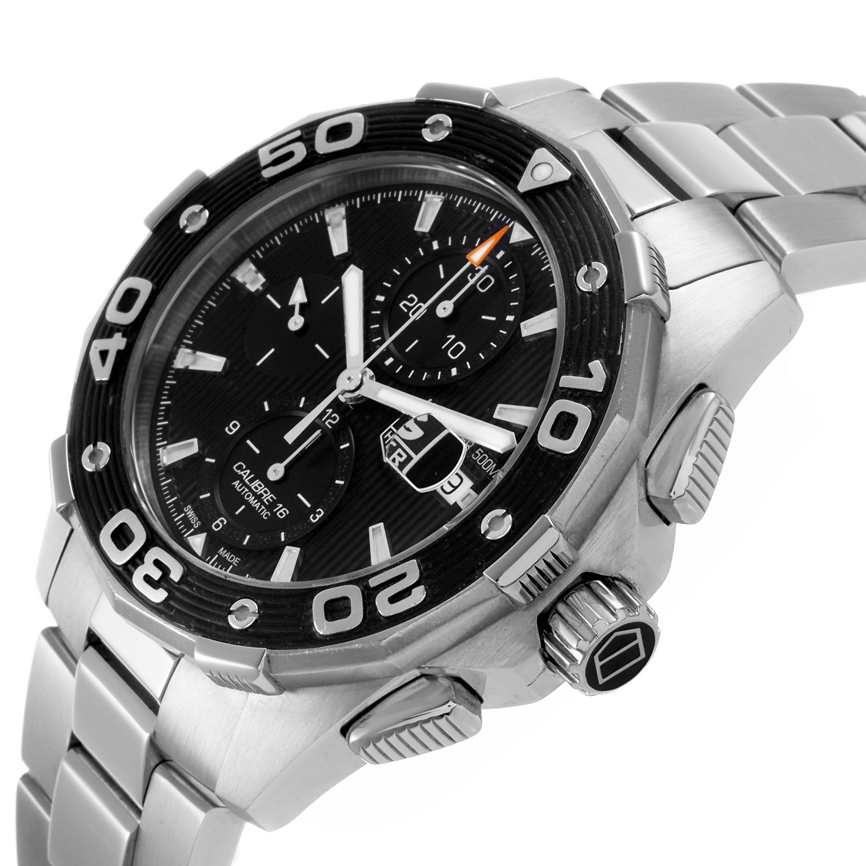 The Tag Heuer Aquaracer CAJ2110 Men's Stainless Steel Black Dial watch is shown at an angled view, highlighting the bezel, dial, and stainless steel bracelet.