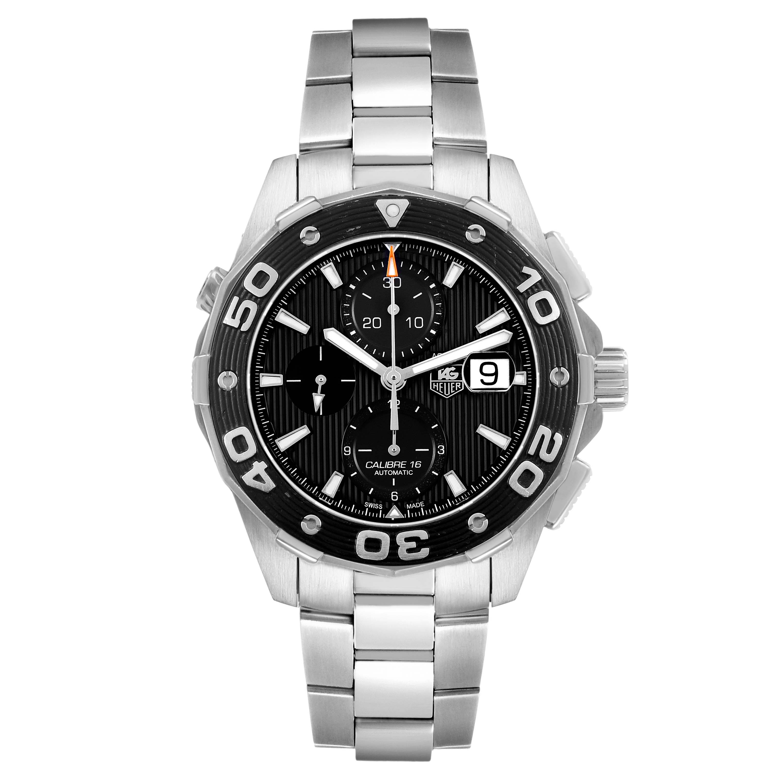 The Tag Heuer Aquaracer CAJ2110 Men's Stainless Steel Black Dial watch is shown from a front angle, displaying the face, bezel, bracelet, and side buttons.