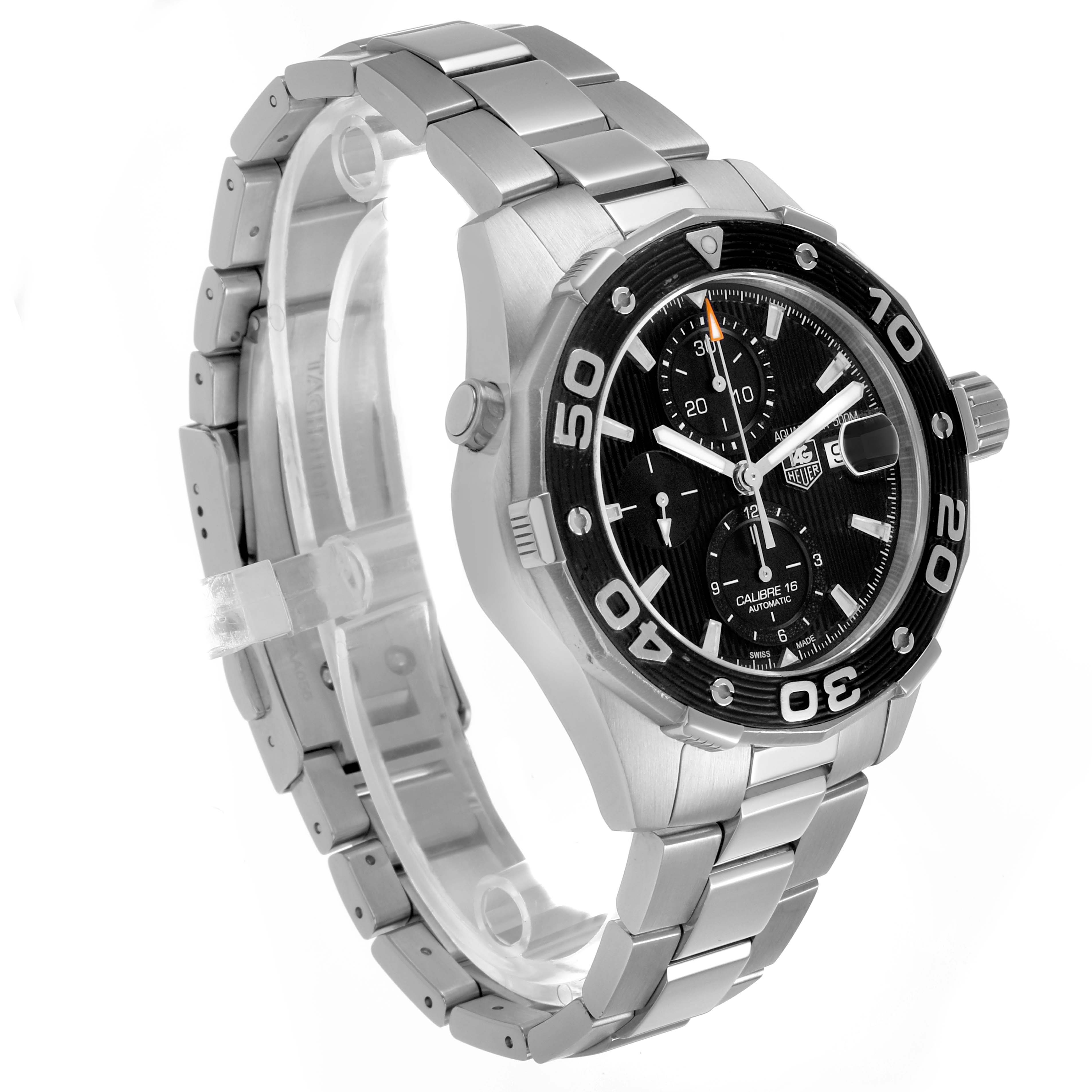 The Tag Heuer Aquaracer CAJ2110 Men's Stainless Steel Black Dial watch is shown at an angled view highlighting the bezel, dial, and stainless steel bracelet.