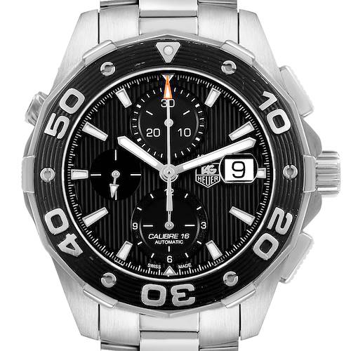 The Tag Heuer Aquaracer CAJ2110 Men's Stainless Steel Black Dial is shown from a front angle, highlighting its dial, bezel, and bracelet.
