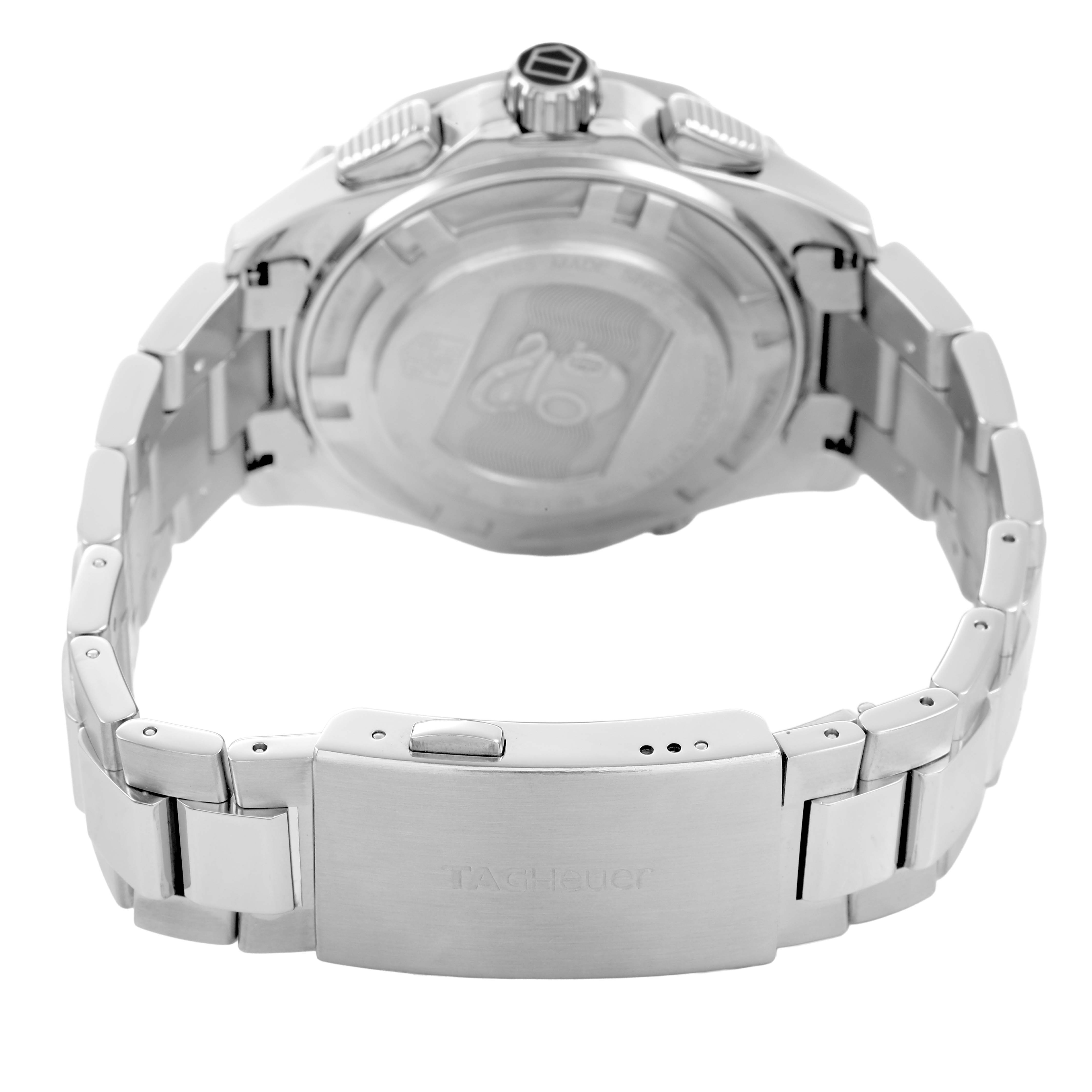 The image shows the back view of a Tag Heuer Aquaracer CAJ2110 Men's Stainless Steel Black Dial, highlighting the clasp and caseback.