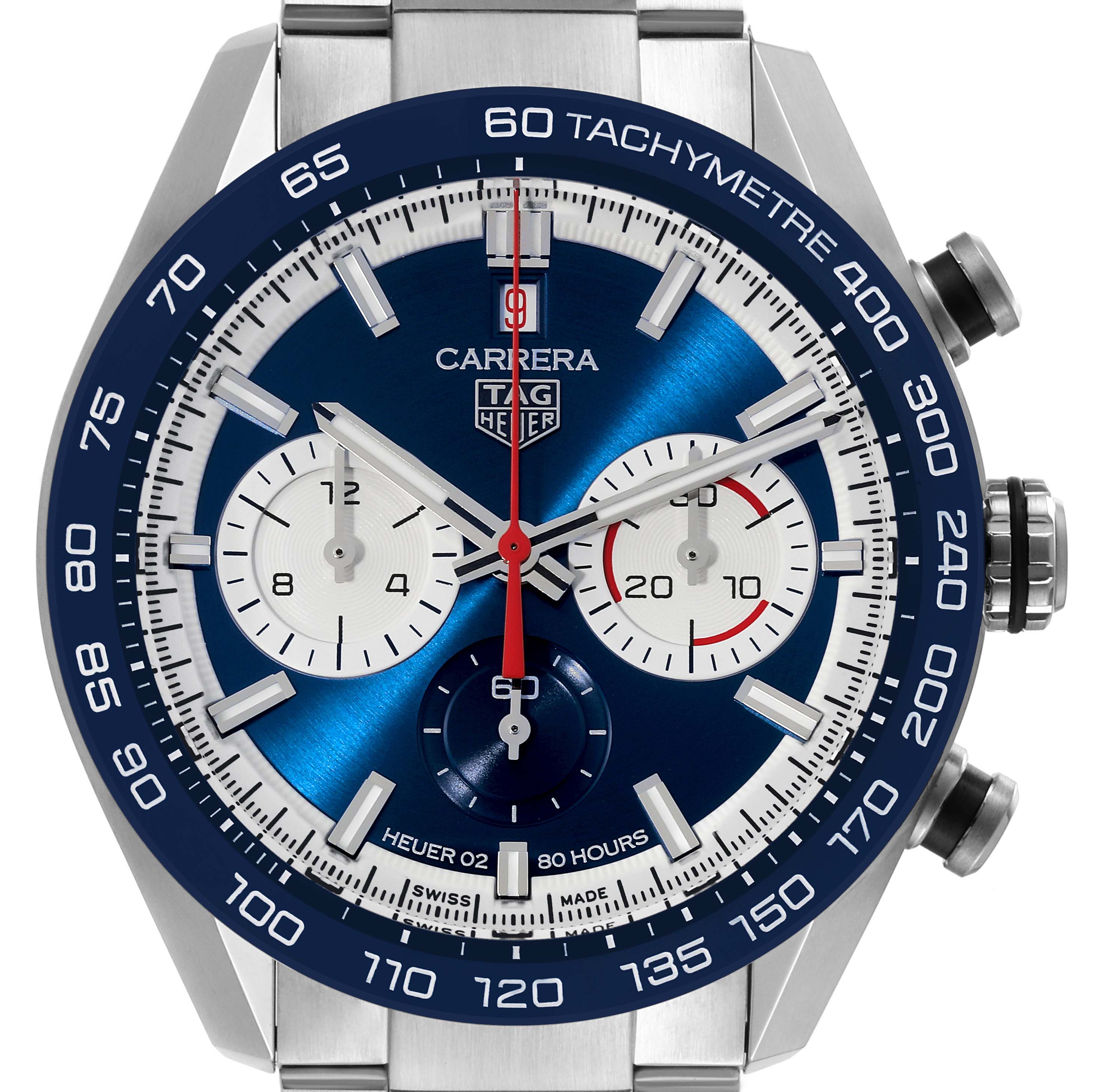 The Tag Heuer Carrera CBN2A1E.BA0643 Men's Stainless Steel Blue Dial CBN2A1E.BA0643 Men's Stainless Steel Blue Dial watch is shown from a front angle highlighting the dial, tachymeter, and sub-dials.