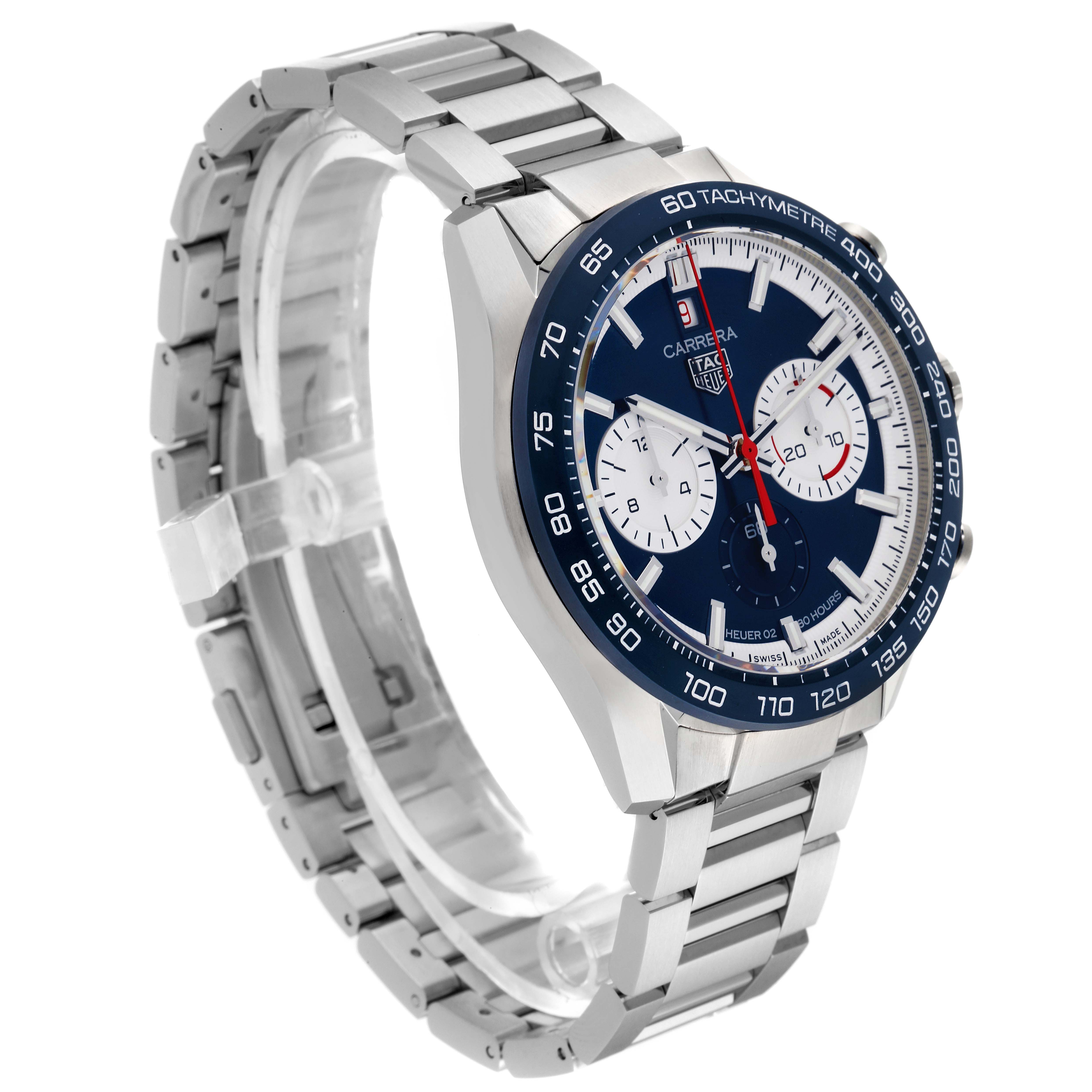 The image shows a Tag Heuer Carrera CBN2A1E.BA0643 Men's Stainless Steel Blue Dial CBN2A1E.BA0643 Men's Stainless Steel Blue Dial watch from a three-quarter angle, displaying the face, bezel, and bracelet.