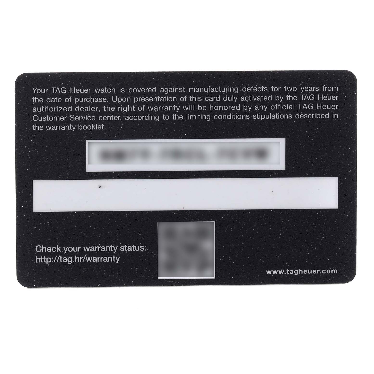 The image shows the back side of the warranty card for the Tag Heuer Carrera CBN2A1E.BA0643 Men's Stainless Steel Blue Dial CBN2A1E.BA0643 Men's Stainless Steel Blue Dial model watch.