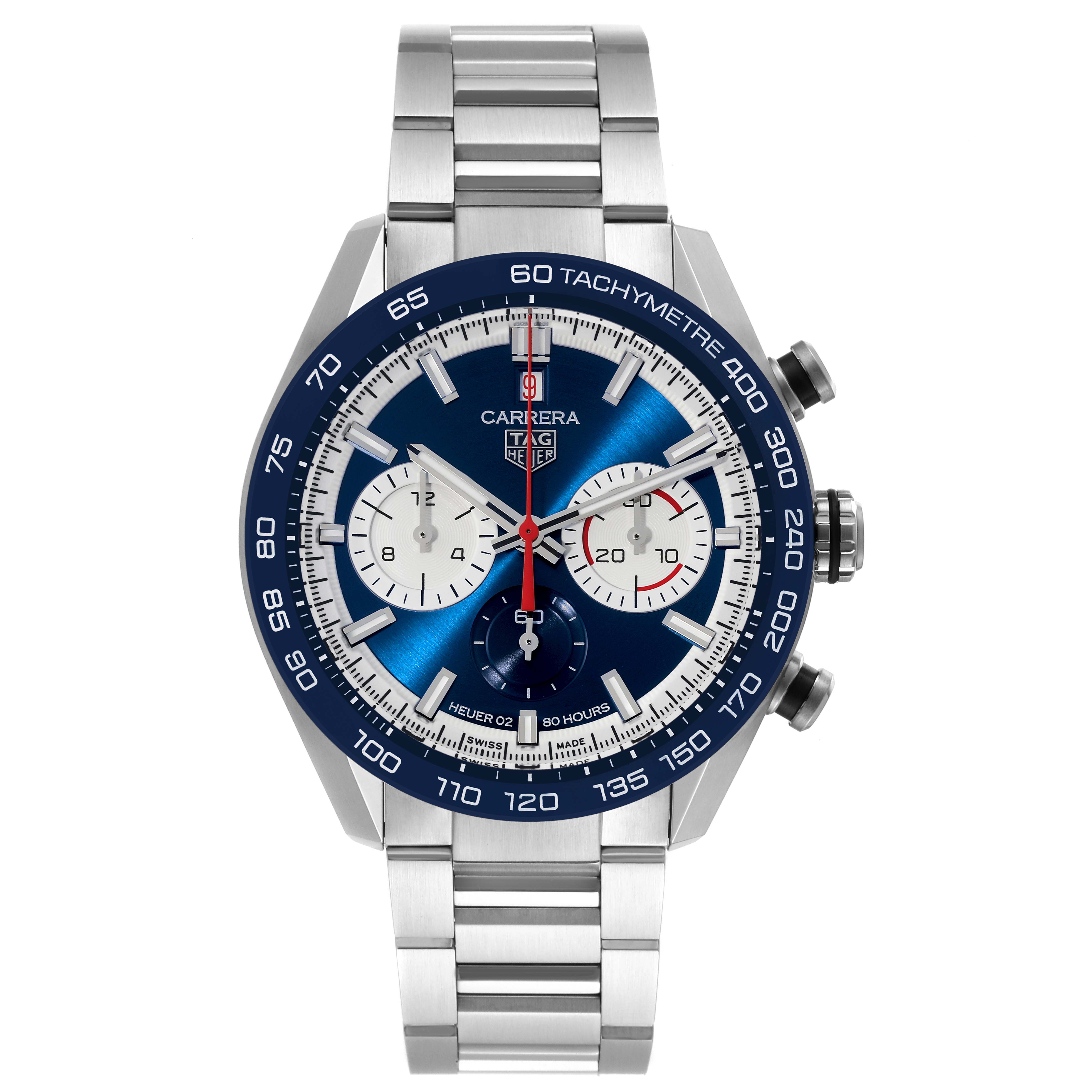 The Tag Heuer Carrera CBN2A1E.BA0643 Men's Stainless Steel Blue Dial CBN2A1E.BA0643 Men's Stainless Steel Blue Dial watch is shown from a front angle, highlighting its dial, bezel, and metal bracelet.