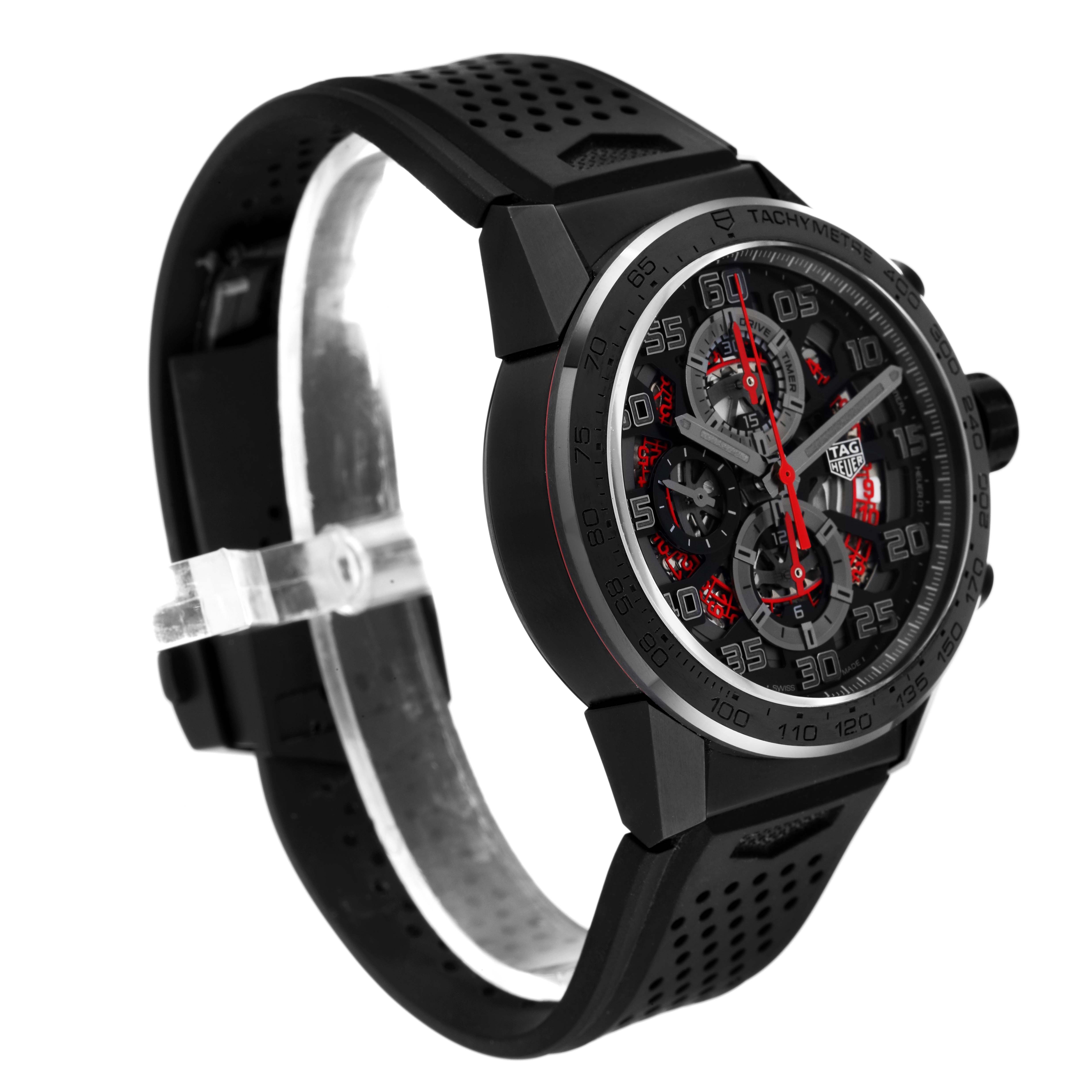 This image shows a side angle of the Limited Edition Tag Heuer watch, highlighting its black strap, face, and tachymeter bezel.