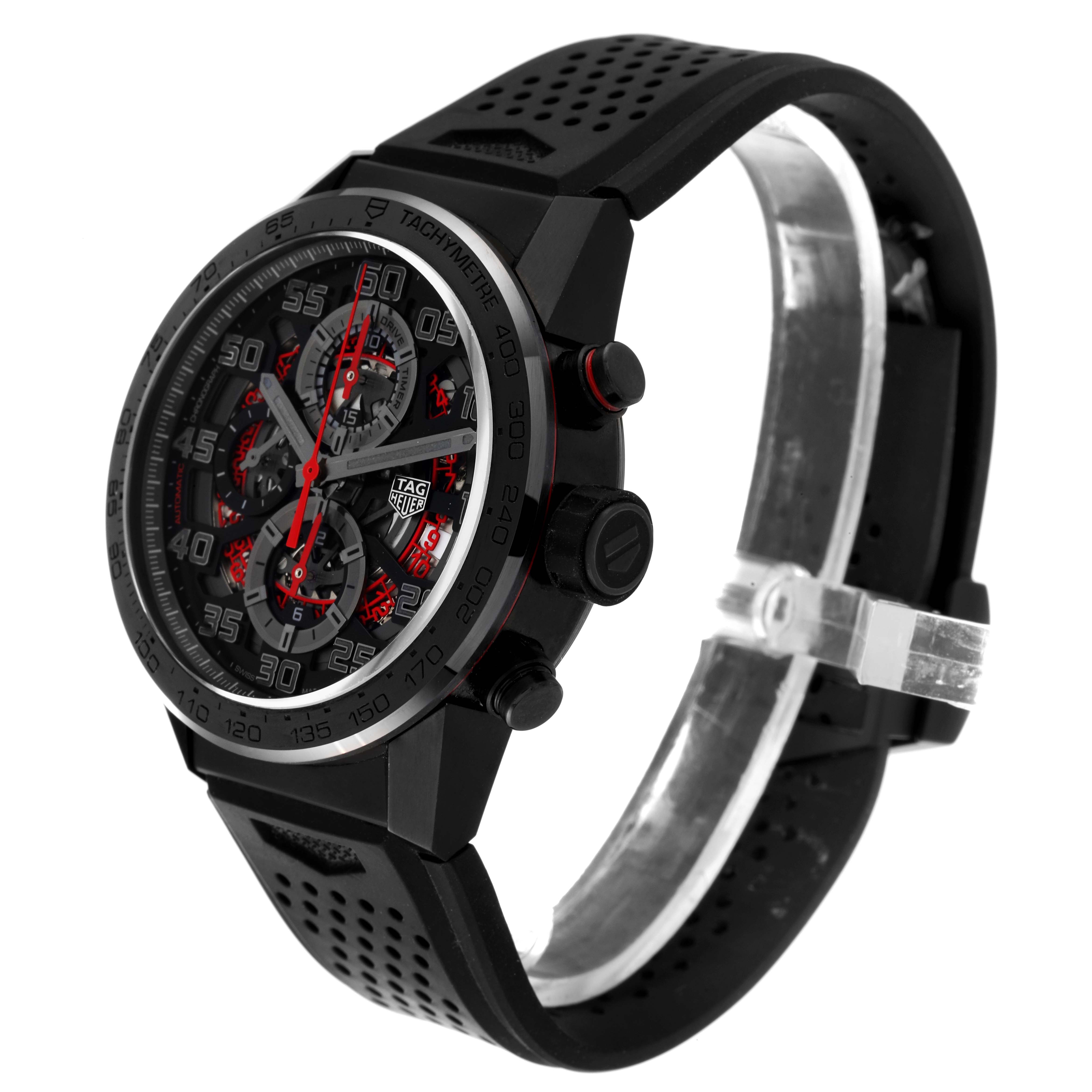 The image shows a side view of the Tag Heuer Limited Edition watch, highlighting the bezel, dial, crown, and strap.