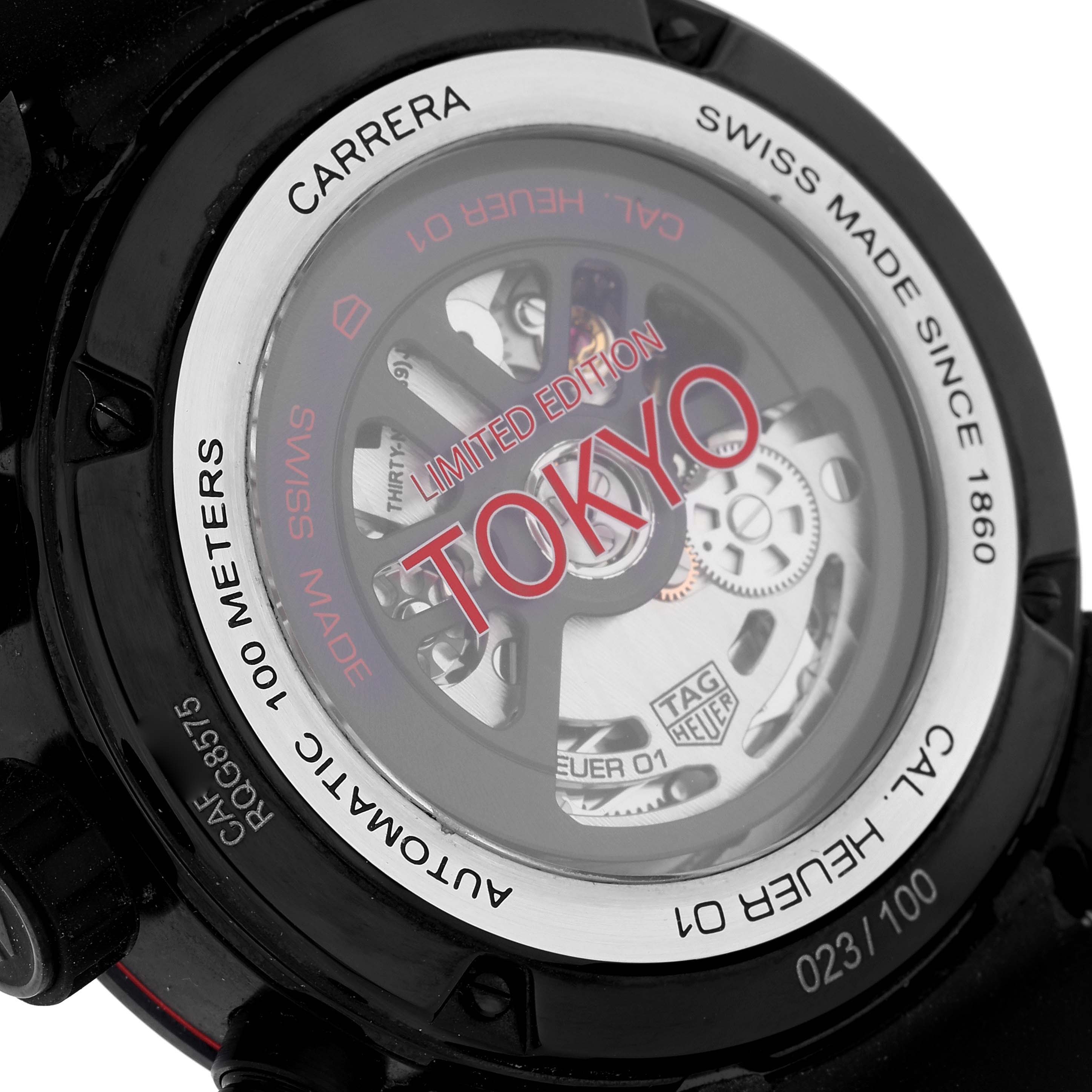 The image shows the back of the Tag Heuer Carrera CAR201D.FT6087 Men's Ceramic Black Dial CAR201D.FT6087 Men's Ceramic Black Dial Caliber 01 Tokyo Limited Edition watch, highlighting its automatic mechanics.