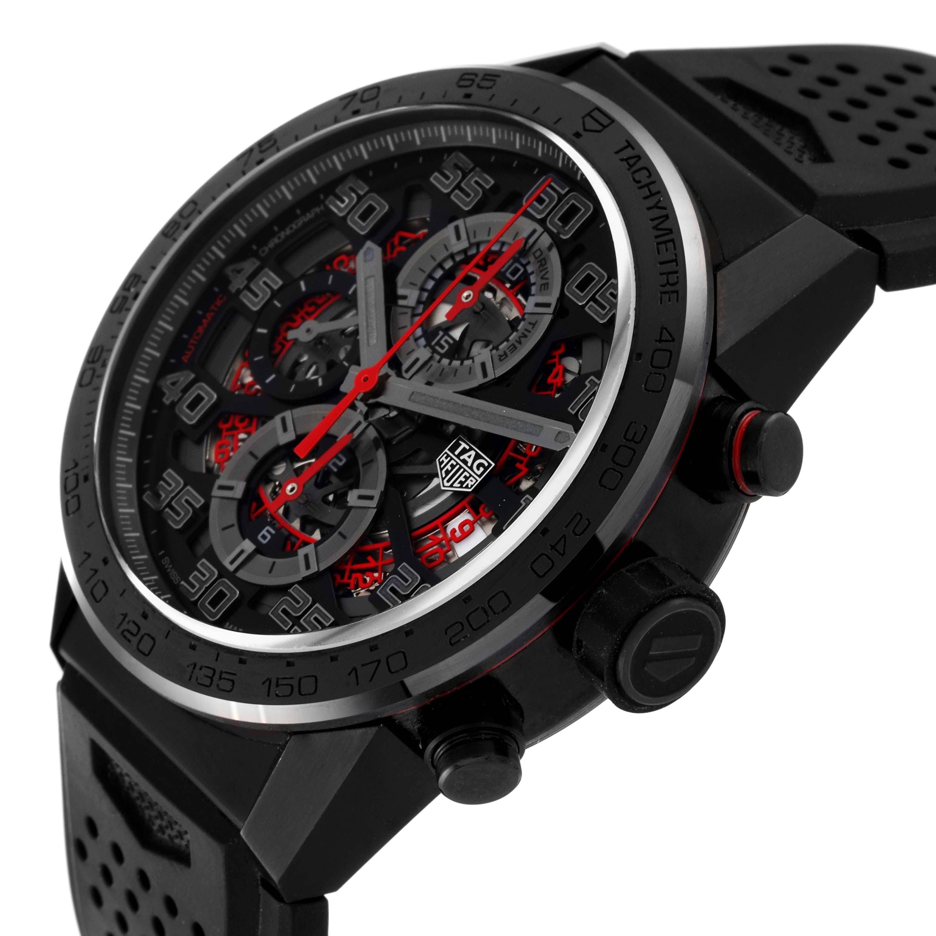 The image shows an angled view of the Tag Heuer Limited Edition watch, highlighting its face, side buttons, and strap.