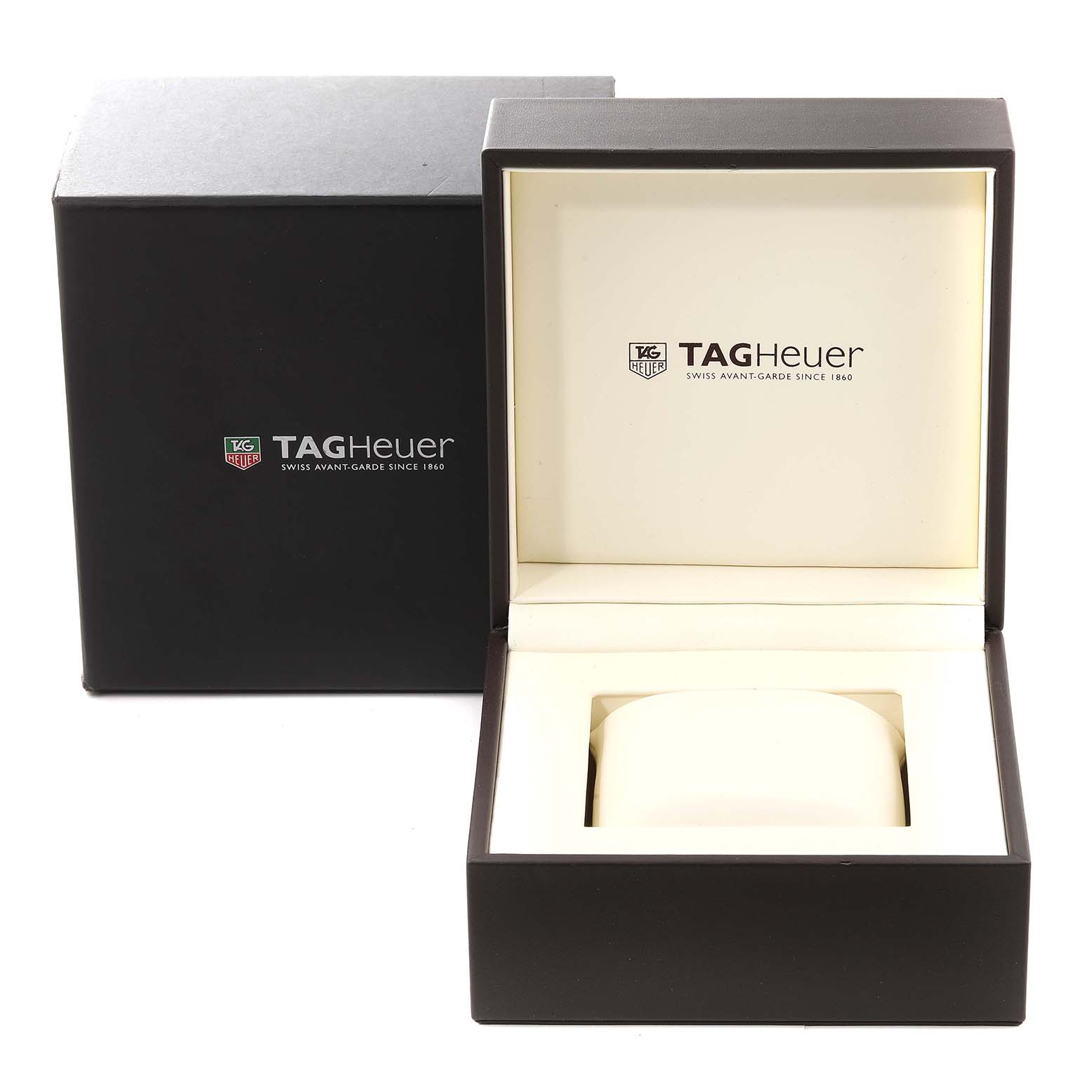 The image shows the packaging for a Tag Heuer Limited Edition watch, including the outer box and open watch case.